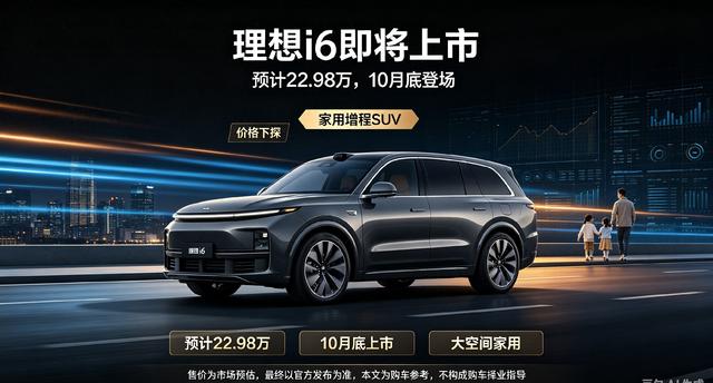 理想i6十月上市，22.98万起售，家用SUV市场再掀波澜
理想汽车旗下全新车型i6将于今年10月底正式推向市场。据行业消息，这款定位家庭出行的增程SUV预估价仅为22.98万元，相比理想现有产品线，门槛大幅降低。这一价格策略，无疑将对20万级家用SUV市场形成强烈冲击。

家庭出行为核心，座舱设计