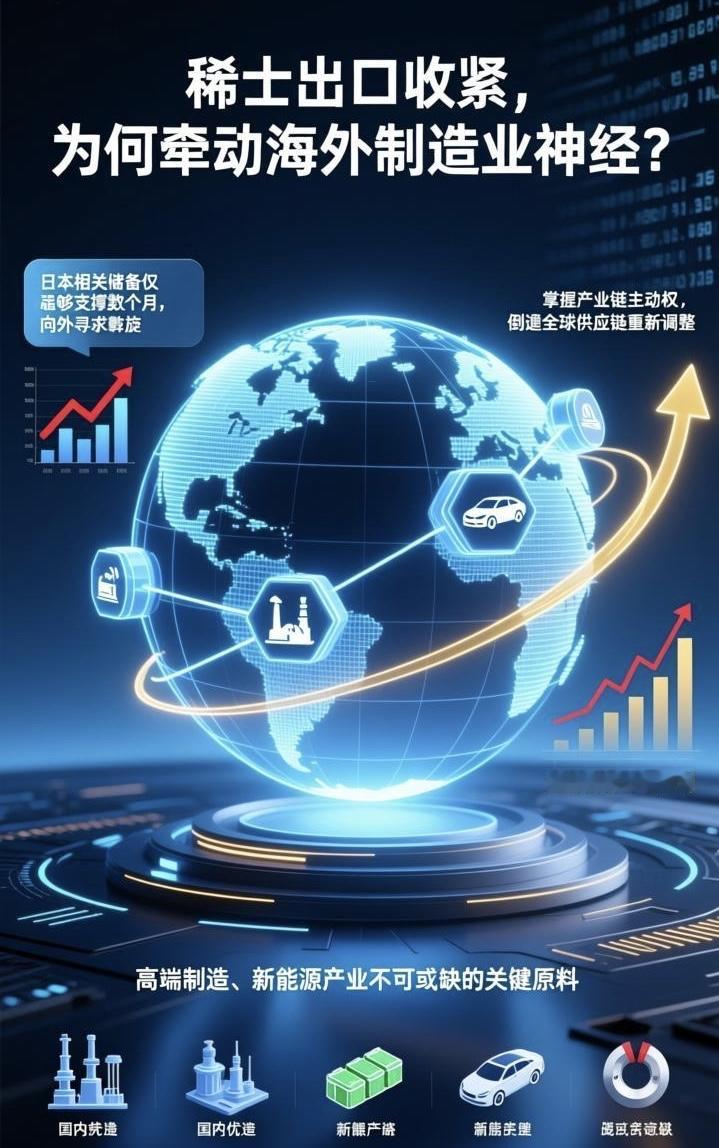 稀土出口收紧，为何牵动海外制造业神经？

稀土是高端制造、新能源产业不可或缺的关键原料。国内优化稀土出口管控之后，海外相关产业链压力凸显。有消息称日本相关储备仅够支撑数月，向外寻求斡旋。

稀土管制，不是简单限制出口，是对战略资源合理规划，掌握产业链主动权，倒逼全球供应链重新调整。