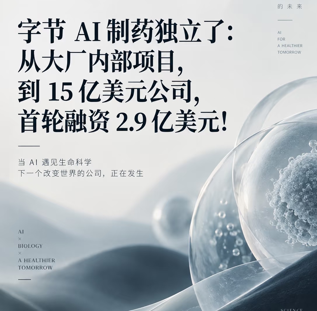 动静不小啊！
字节这波2.9亿美元冲进AI制药

拆出来的Anew Labs，首轮融资就拿了2.9亿美金，估值冲到15亿美元，字节自己还捏着56%的股份。

这家公司6月才刚独立，核心团队大概50人，在上海、旧金山、新加坡都有办公室。领投的是HSG、IDG、高瓴，连中国生物制药也战略入股了。

有人