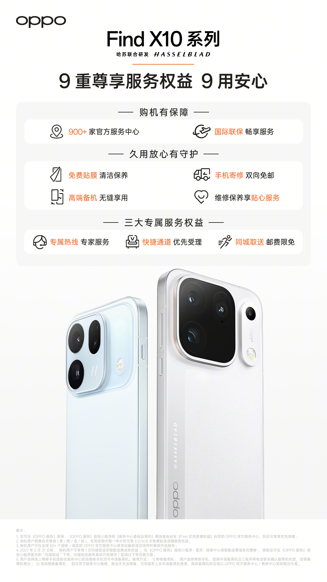 OPPO Find X10 系列用户必看！
9 重尊享服务权益同步来袭，助你用机生活“9” 用安心~
更有多重保障服务供你选择，给新机多加一重保障~🛡
✅ 屏碎保一年（惠修版）：原装碎屏免费换，另享维修五折权益
✅ 屏碎保买一年送一年：1 年的价格享受 2 年的保障
✅ 更有电池保两年低至 ¥39.9、延长保一年、 ​