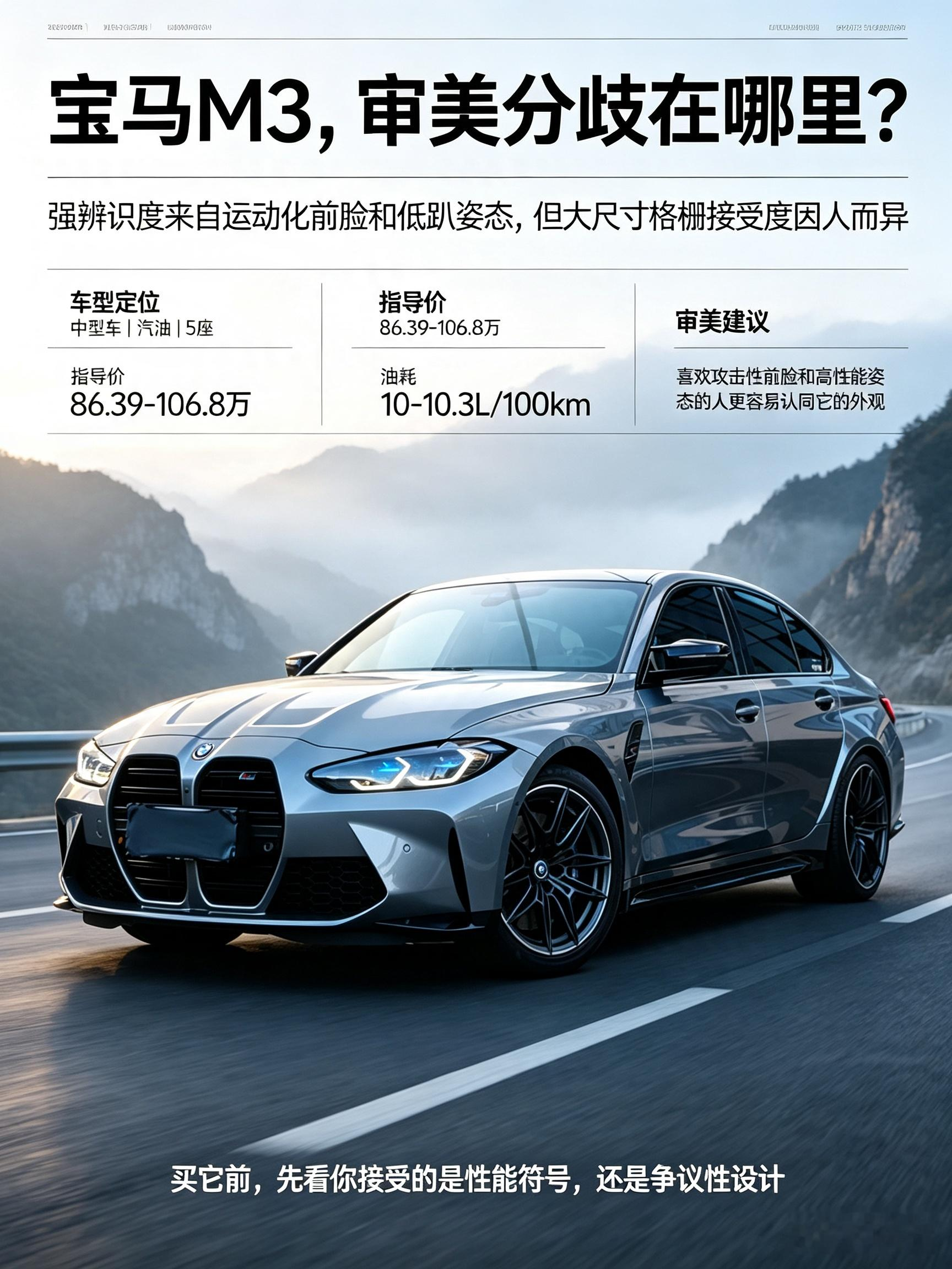 宝马M3作为性能燃油车，发动机爆发力充沛，底盘调校扎实，有后驱与四驱版本可选。标志性大双肾格栅极具辨识度，有人觉得激进凶悍，也有人觉得霸气十足。除了兼顾日常代步，改装潜力非常巨大，只是油耗偏高，而且售价较高，玩车门槛并不低。【来自懂车帝车友圈】