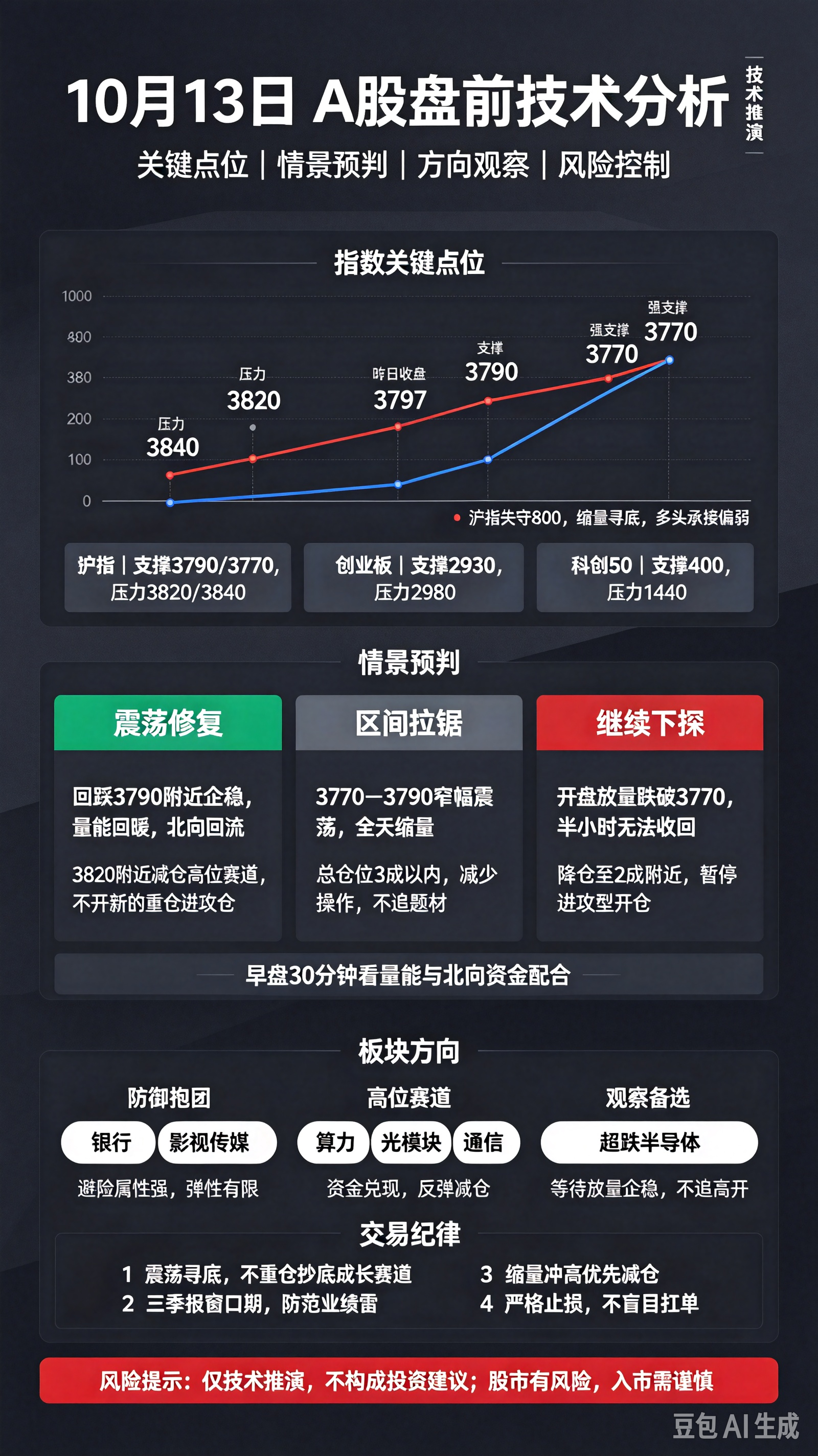 10月13日 A股盘前技术分析+操作指导
 
⚠️风险提示：仅技术推演，不构成投资建议，股市有风险，入市需谨慎
 
一、盘前外围与资讯
 
外围：美股涨跌分化，道指小幅收涨，纳指回落，存储、光通信板块下跌；中概金龙指数小幅下行，海外科技股偏弱，对国内科创板块情绪偏压制。
国内：三季报披露继续推进，业