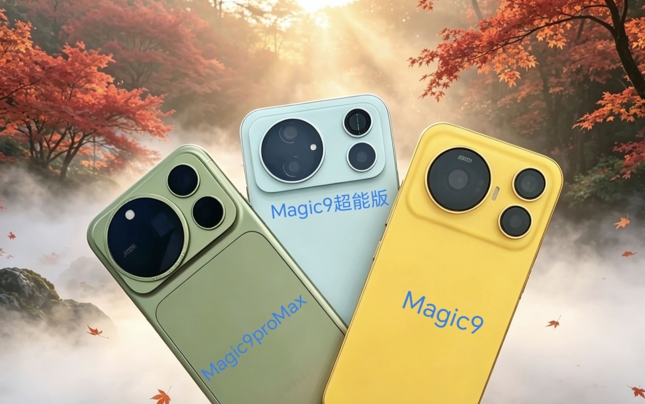 magic9系三款机型不出意外基本上就长这样了！

magic9系前几个月就开始流传各种版本，有圆形摄像头模组的，有方形摄像头模组的，有三角形排列模组，但是谁也没猜到他是矩中有圆，并且荣耀三款机型细节都还不一样。

magic9proMax外观已亮相了，这个没什么好探讨的了，标准版和超能版也是这几天