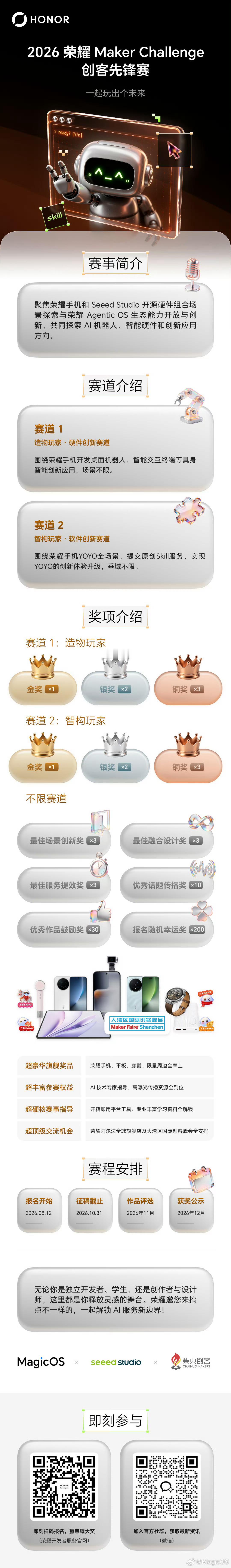2026荣耀Maker Challenge创客先锋赛开启报名
 
2026荣耀Maker Challenge创客先锋赛现已启动，赛事聚焦Agentic OS生态，分为硬件创新、软件创新两大赛道，面向开发者、学生、创作者征集AI机器人、智能硬件与YOYO原创Skill服务作品。
 
本次赛事奖项丰厚，设置金银铜及多项特色奖项，参赛选手有机会赢取 ​