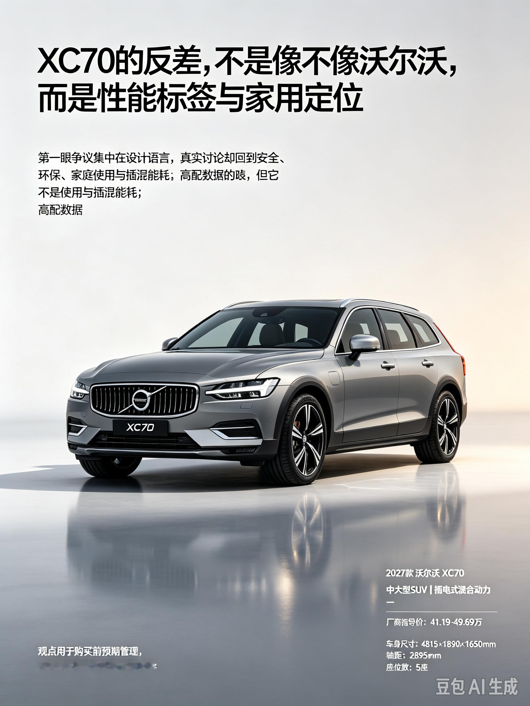 沃尔沃XC70的认知反差集中在“第一眼是否够沃尔沃”与“真实产品取向”之间：外观设计语言变化带来品牌识别争议，但核心讨论仍回到安全、环保、家庭使用与插混能耗；高配性能数据抢眼，真实定位却更偏家用，而非硬核越野或纯性能车。【来自懂车帝车友圈】
