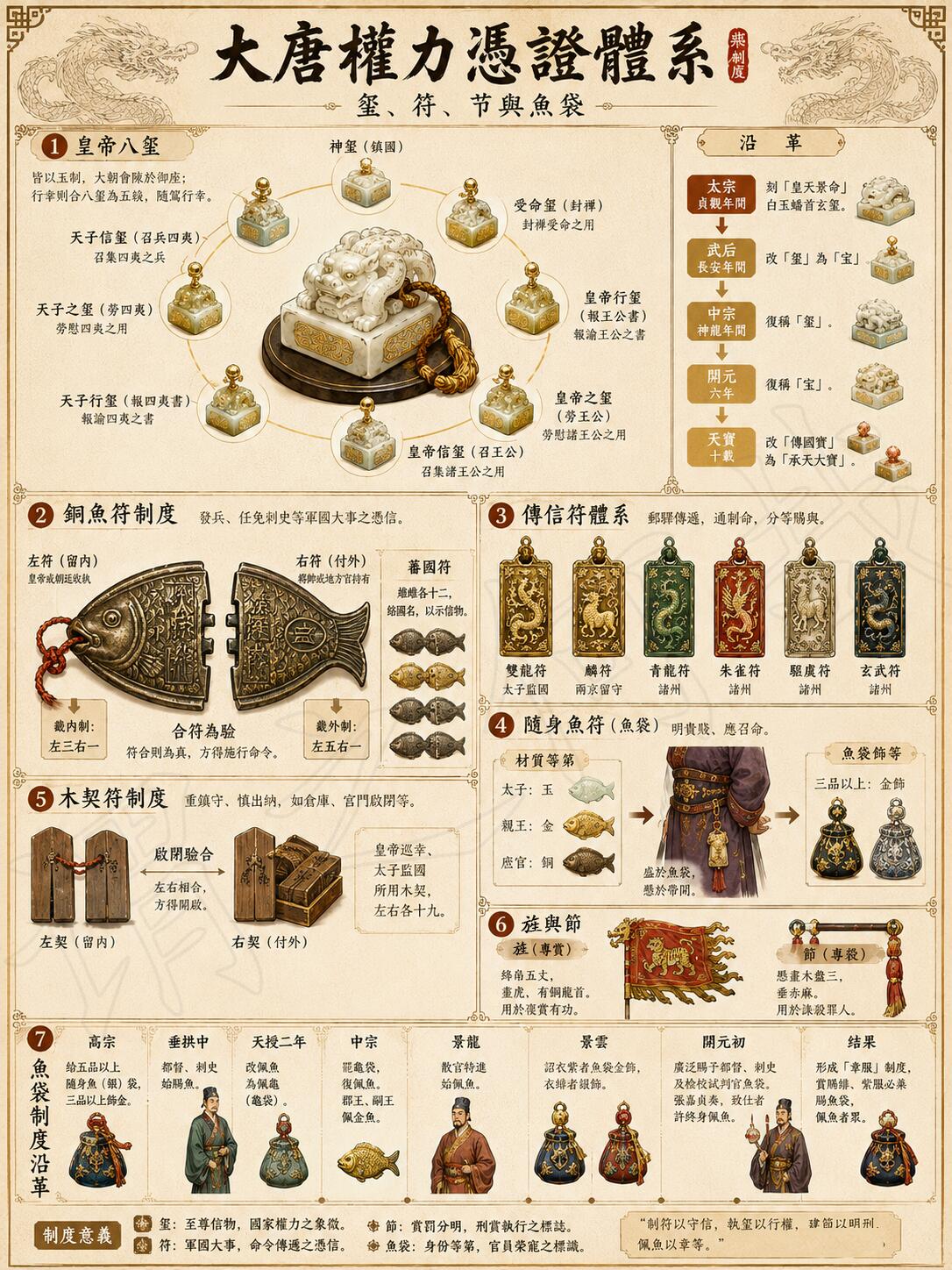 大唐皇帝有八枚玉玺，武后偏偏下旨把“玺”改叫“宝”，中宗又改回来，玄宗再改回去——一个字，争了几十年。
但你以为玺就是最高信物？错了。
发兵打仗，靠鱼符；开宫门、放粮仓，靠木契；赏功臣用旌，杀罪人用节。
左符留在宫里，右符交给将帅，两半对上，命令才算数。
对不上？天王老子来了也没用。
三品
