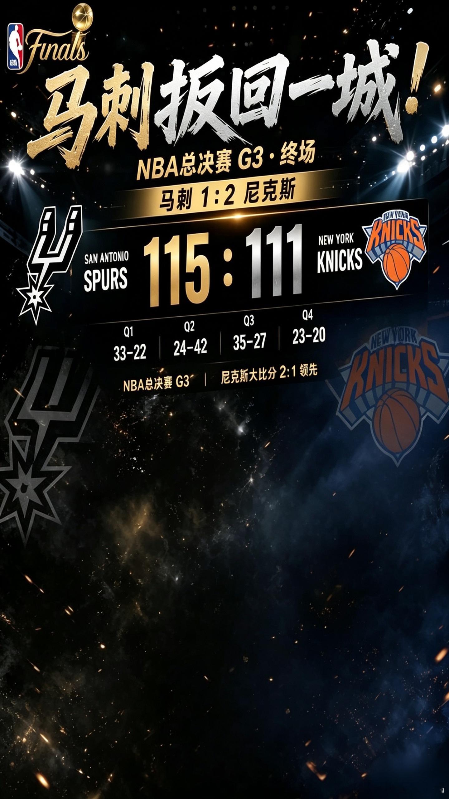 总决赛G4来了！马刺vs尼克斯再度交锋🔥目前尼克斯大比分2-1领先...