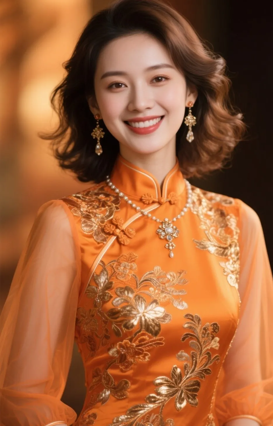 美女小姐姐的笑容真是太有感染力了，橙色旗袍衬得肤色白里透红，耳畔闪耀的...