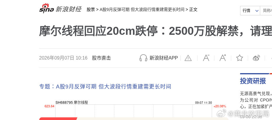 摩尔线程今天20cm跌停，市值跌破2000亿，创上市新低。

公司回应：当天解禁首发网下配售约2500多万股，主要是打新公募和网下机构解禁流通，属于正常节点，呼吁理性看待。

流通盘一下子放大，盘面先用脚投票。非投资建议。

评论区：你更信解禁砸盘，还是基本面没变？ ​