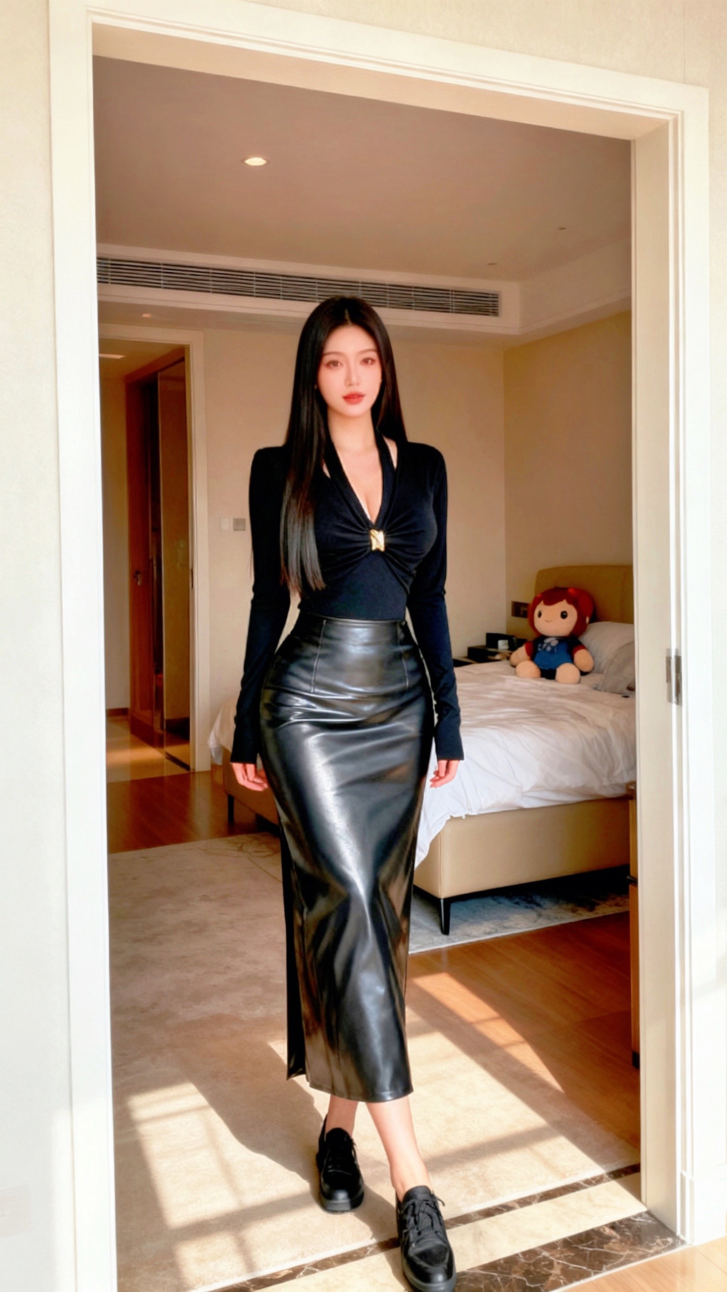 INS CEC御姐辣妹风黑色V领褶皱长袖T恤秋季包臀半身裙套装女