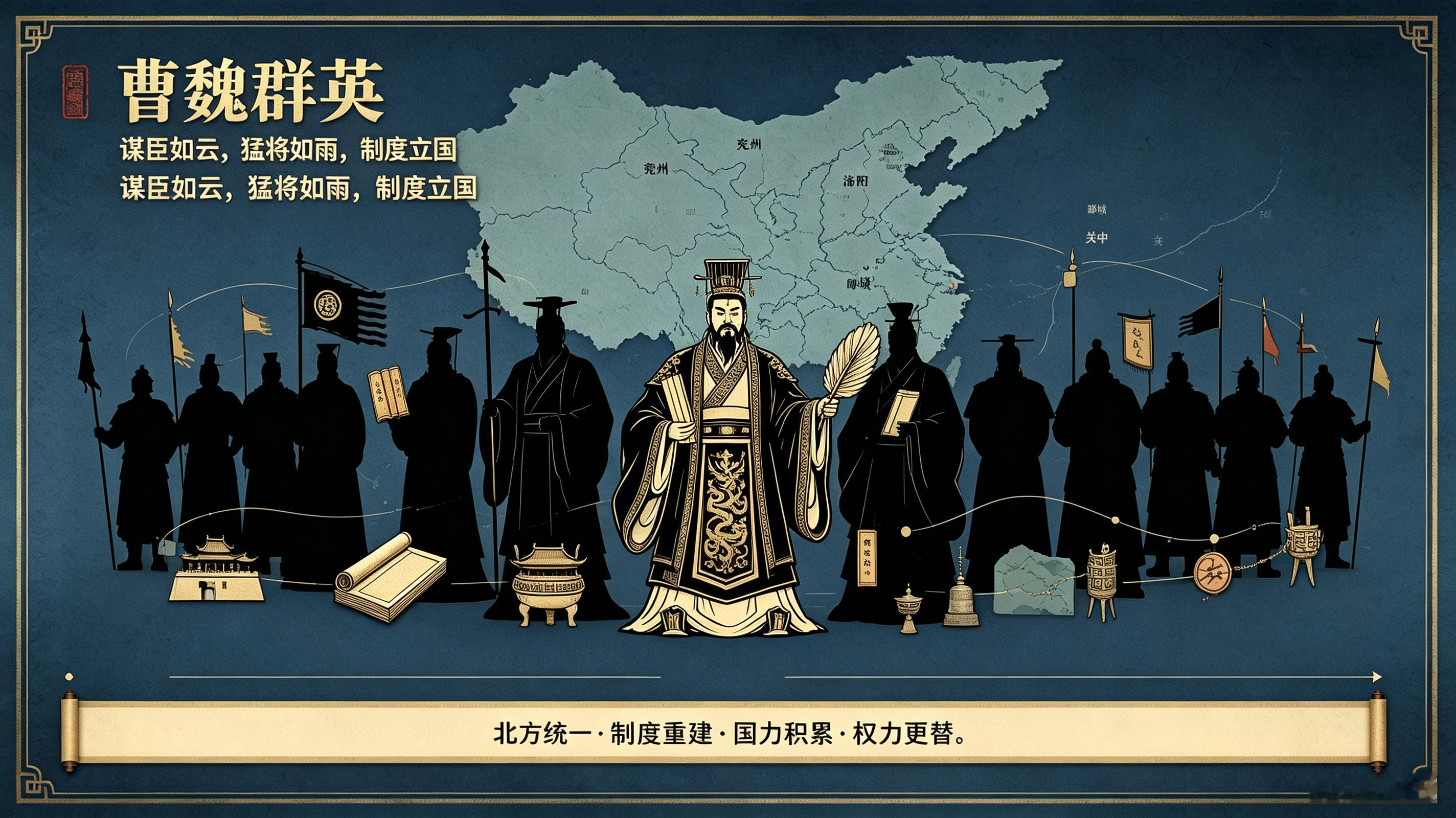 三国人物谱    曹魏篇    小结

 
曹魏篇小结：北方格局与制度奠基
 
曹魏的历史起点，通常从曹操迎汉献帝、挟天子以令诸侯算起。但严格来说，曹魏作为正式政权，始于曹丕受汉禅、建立魏国。这一时间区分，是理解曹魏历史的关键。
 
曹操在东汉末年的群雄割据中，凭借政治谋略、军事能力和人才整合，逐步