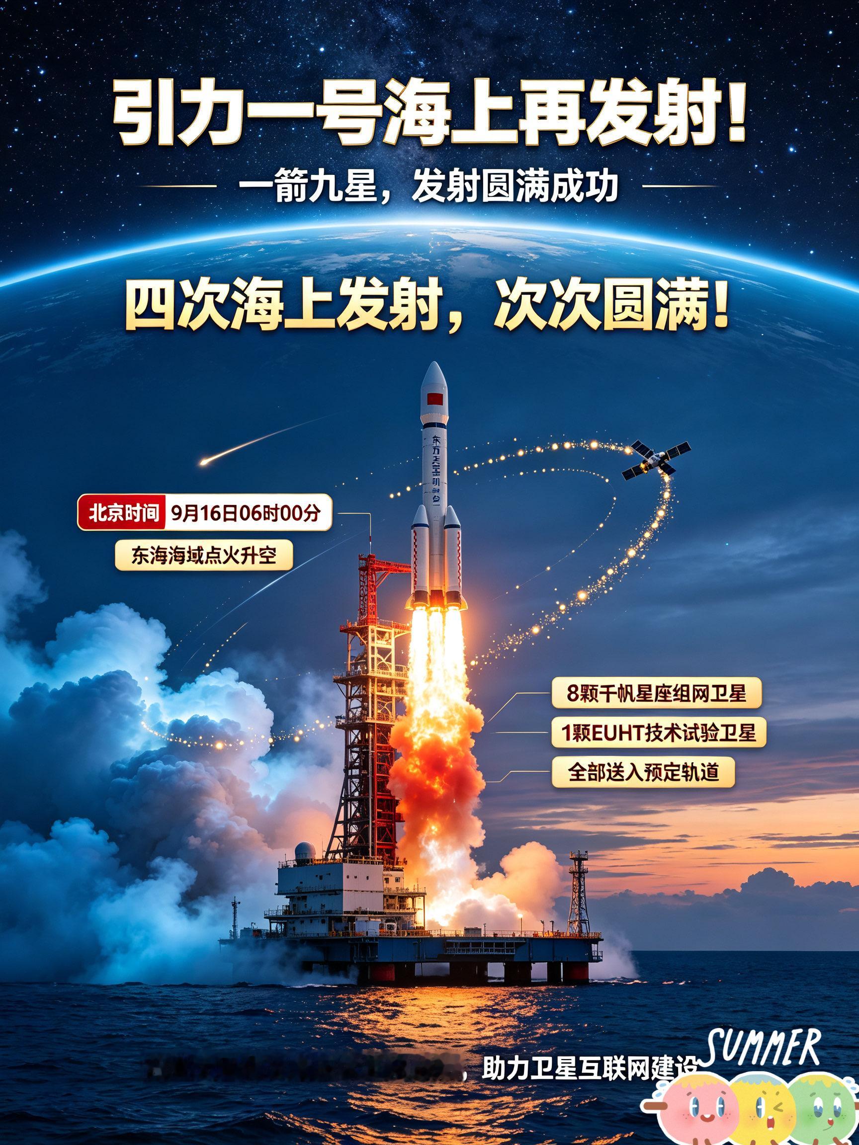 引力一号海上再发射！一箭九星，四次发射全部圆满成功

9月16日早上6点，东方空间引力一号（遥三）·千帆全顺号运载火箭，在我国东海海域顺利点火升空。
本次任务一共搭载9颗卫星，包含8颗千帆星座组网卫星，外加1颗EUHT技术试验卫星。火箭成功将所有卫星送入预定轨道，本次海上发射任务圆满成功。

这是引