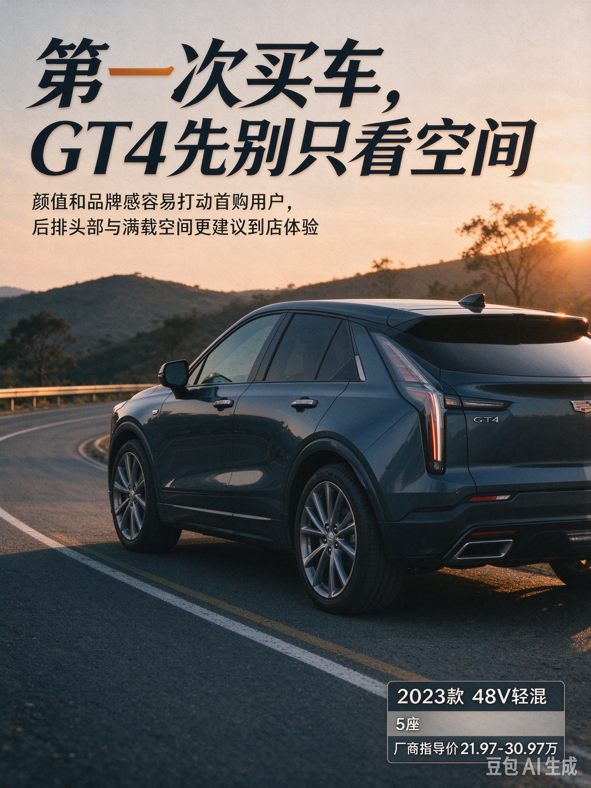 不少新手第一台车会看上凯迪拉克GT4，外观年轻，品牌气场在线，48V轻混开起来比较适合日常通勤。但它是紧凑型5座SUV，后排头部空间不算宽裕，很容易被颜值吸引而忽略这点。首购朋友别光看参数，一定要亲自坐后排体验，再决定适不适合自己。