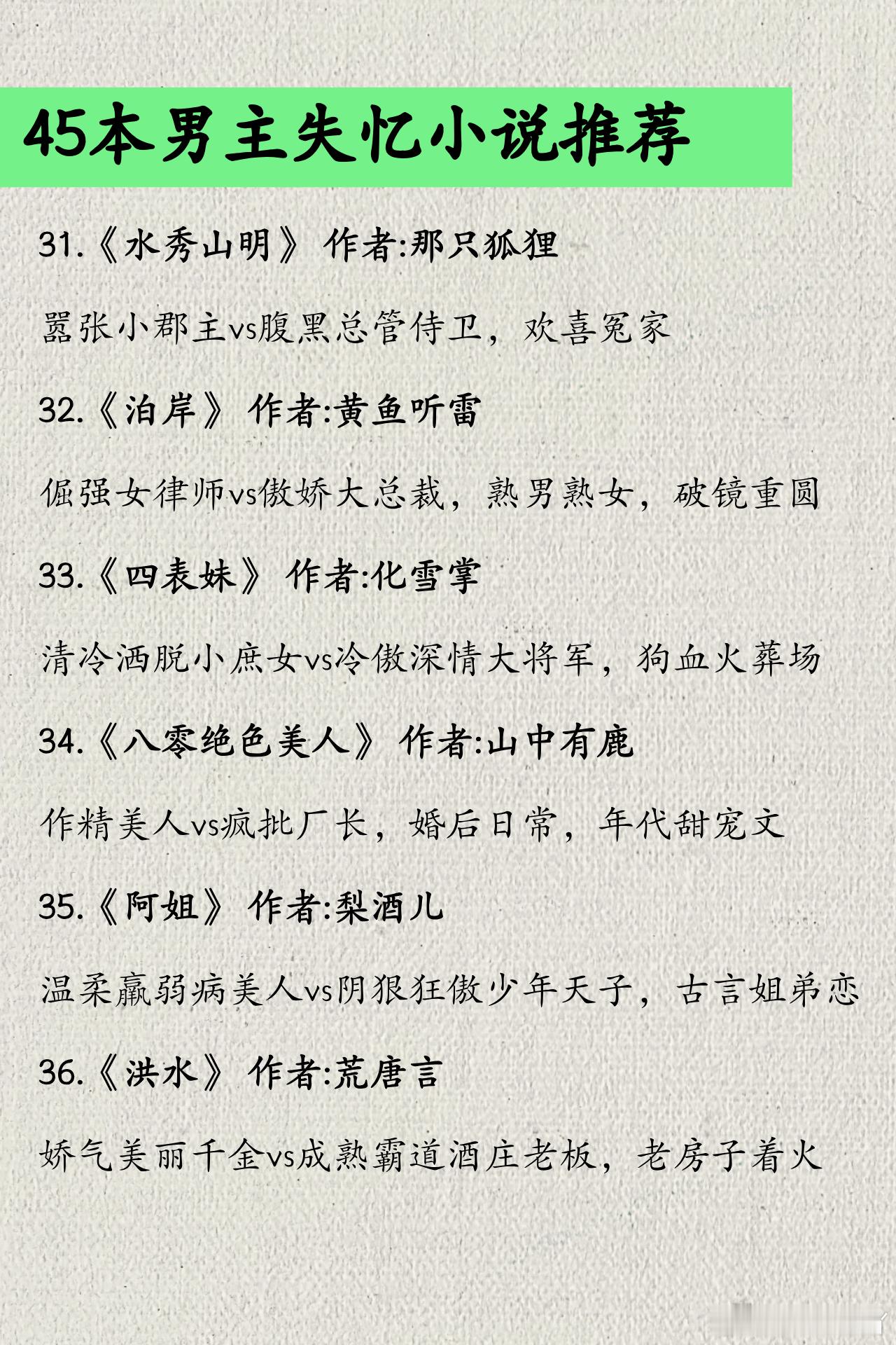 男主失忆梗大合集
1.《簪星》 作者:千山茶客
2.《裴总别害怕，我只图财不图你的人》 作者:知秋鸟
3.《和离第一年》 作者:草灯大人
4.《穿成假冒失忆大佬女友的恶毒女配》 作者:闻栖
5.《假鸳鸯》 作者:鸣銮
6.《假冒未婚妻，恋爱脑军官他当真了》 作者:小金不吃鱼
7.《阶上春漪》 作者:静沐暖阳
8.《好 ​
