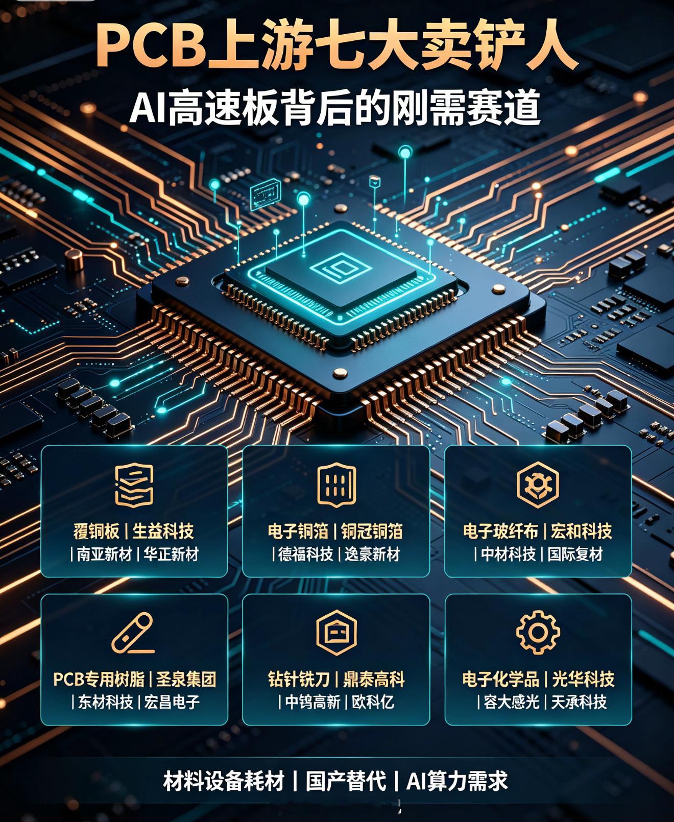 彻底挖透！PCB最被低估的7大上游“卖铲人”🔥

兄弟们！大家平时都在追中游PCB厂，但真正稳赚不赔、躺赢AI行情的，是上游卖铲人！

不管谁做PCB、谁扩产，原材料+设备耗材必须买它们的！
今天把PCB整条产业链最核心、最被低估的 七大上游刚需赛道，一次性讲明白！

一、覆铜板｜PCB的核心地基（AI高 ​
