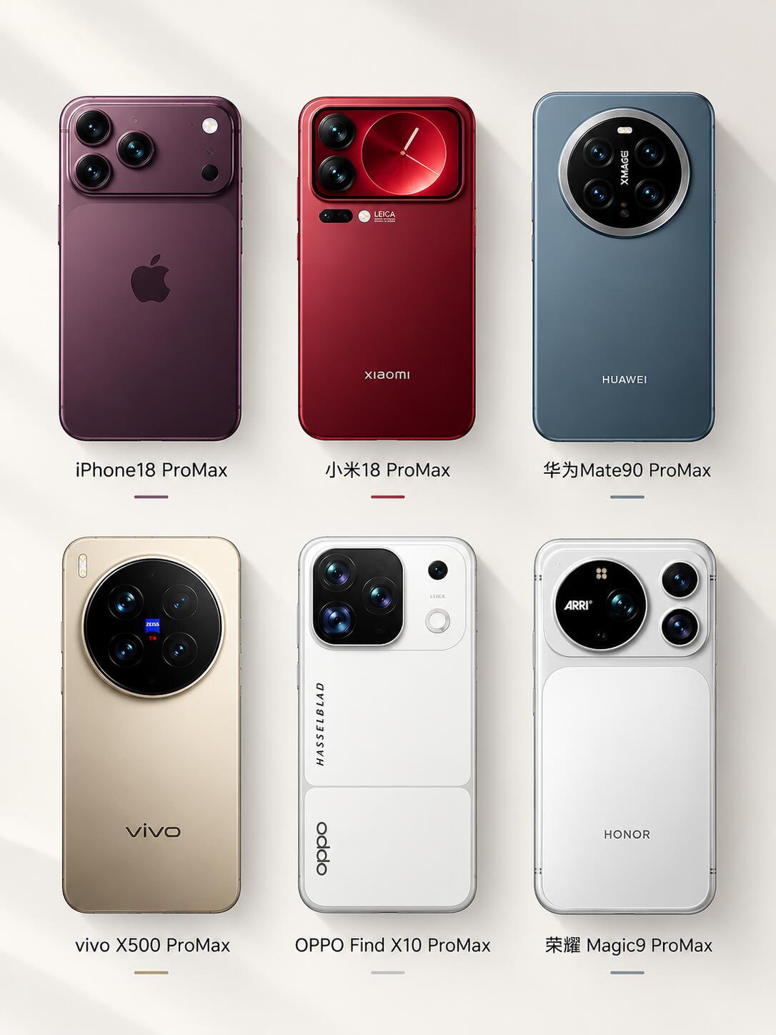 9月份Pro Max大乱斗 你中意哪一款？

一口气来上六款：
iPhone 18 Pro Max
vivo X500 Pro Max
Mate 90 Pro Max
小米18 Pro Max
OPPO Find X10 Pro Max
荣耀Magic9 Pro Max

疯狂的卷的时代，但如果预算