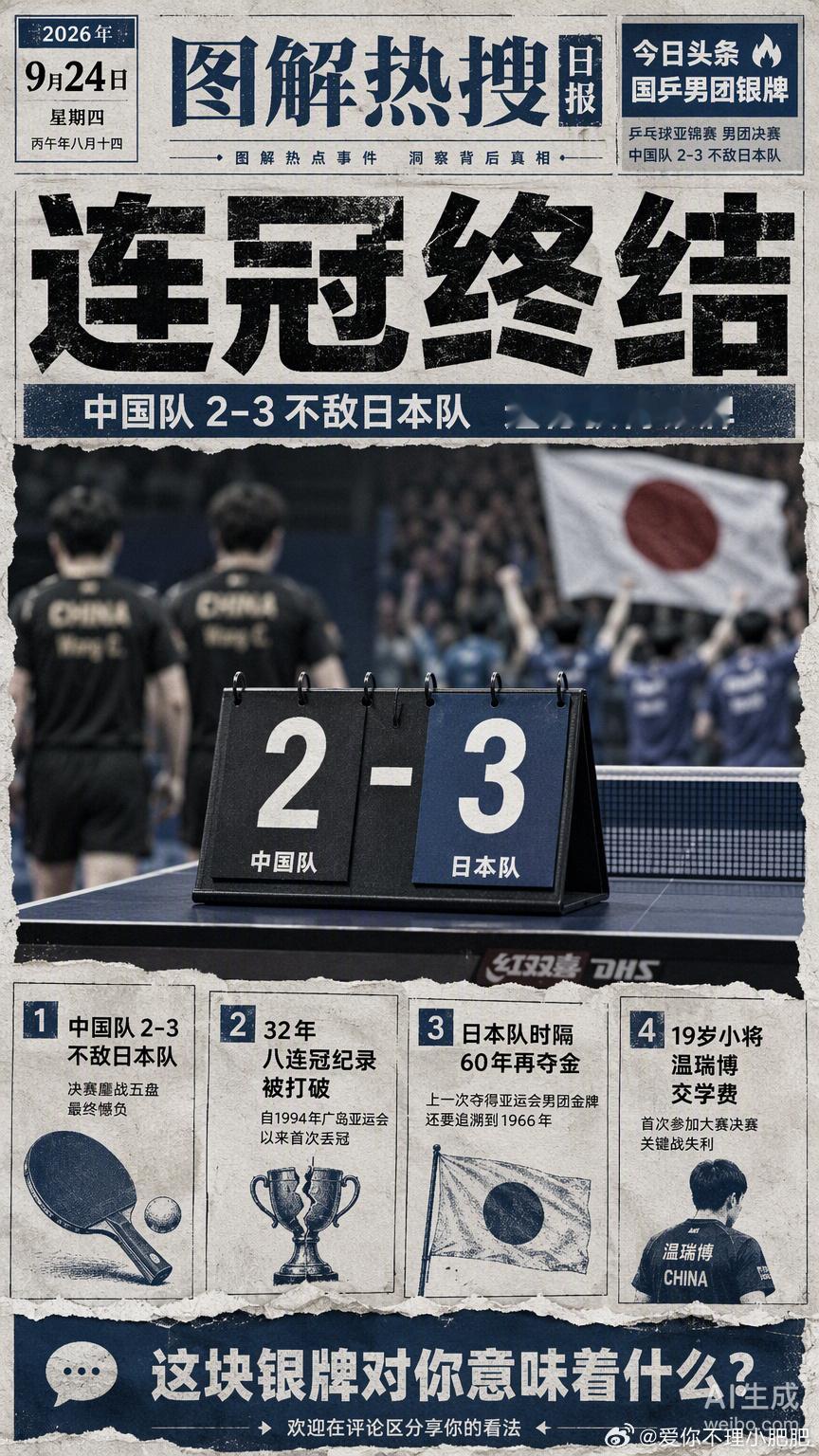 名古屋的乒乓球台，见证了国乒男团32年连冠纪录的终结。

2-3输给东道主日本队，这个比分背后是五盘鏖战的跌宕起伏。王楚钦首盘让二追三逆转松岛辉空，却在第四盘体能透支时不敌张本智和；19岁的小将温瑞博在决赛二单位置连丢两分，交出了昂贵的大赛学费。

上一次国乒男团无缘亚运金牌还是1990年的北 ​
