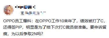 OPPO员工爆料:在OPPO工作10来年了，绩效被打了C，还得签PIP，明显是为了给下次打C裁员做准备。要申诉留痕，为以后争取2N吗? ​