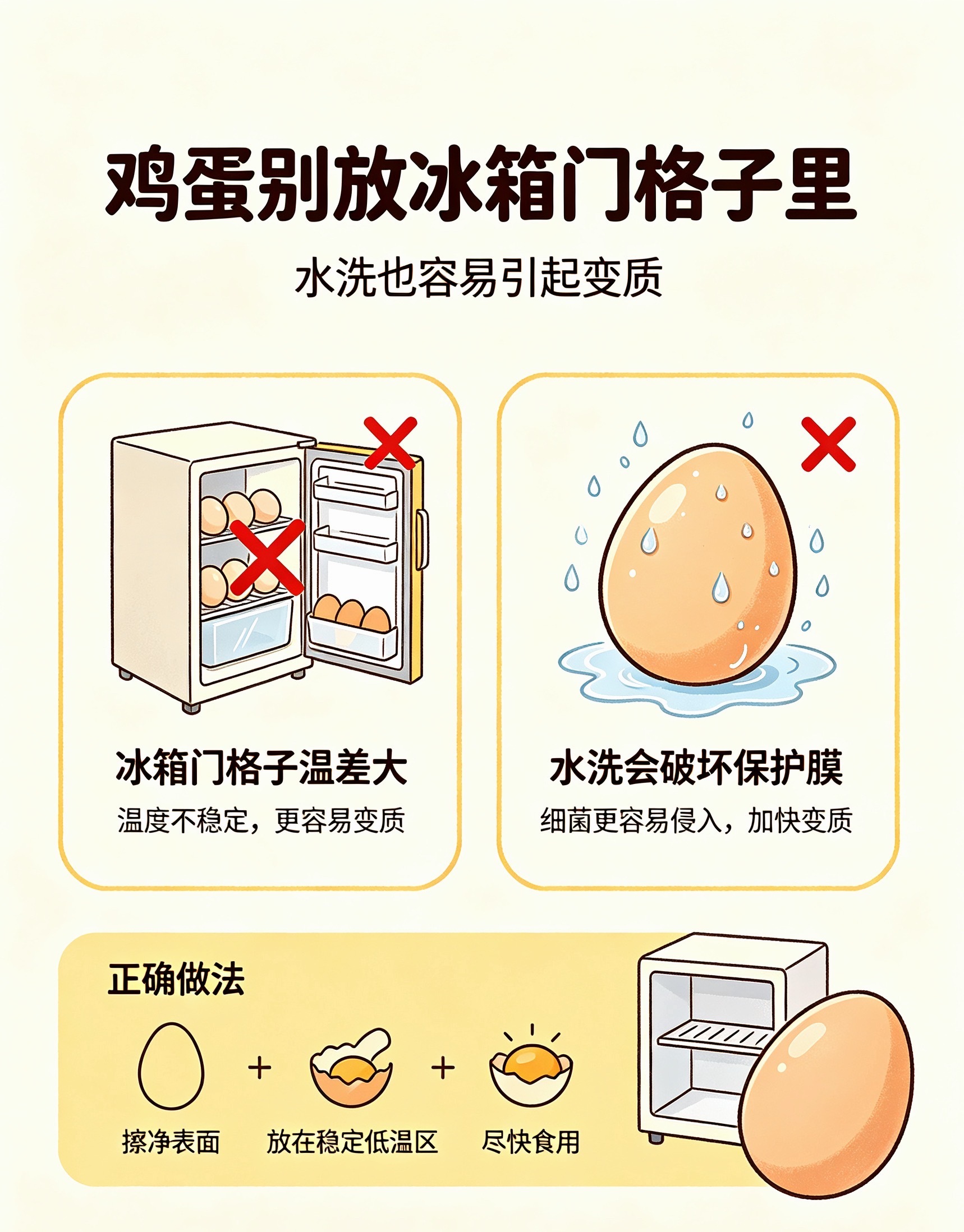 #鸡蛋别放冰箱门格子里#
很多人一直都存错鸡蛋了！两个超多人中招的生活误区，真的很容易放坏🥚
❌不要放冰箱门格子
冰箱门频繁开合、温差最大，鸡蛋反复冷热交替，特别容易变质散黄。
❌绝对不要水洗鸡蛋
鸡蛋表层有天然保护膜，水洗直接洗掉！细菌容易侵入，保鲜期大幅缩短，放几天就坏。

正确做 ​