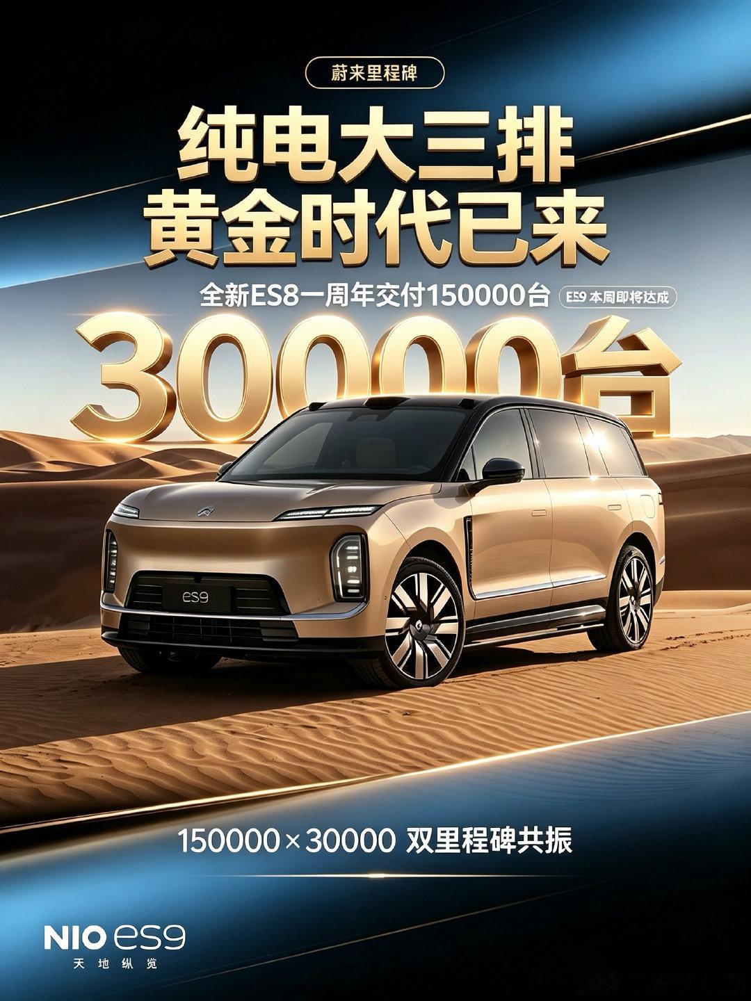 双喜临门❗️ES8破15万之后，ES9将破3万‼️

昨天全新ES8一周年交付150000台，本周将迎来ES9第30000台交付。
纯电大三排的黄金时代，已到来！
#蔚来汽车[超话]##蔚来##蔚来es9##蔚来全新es8##蔚来es8# ​