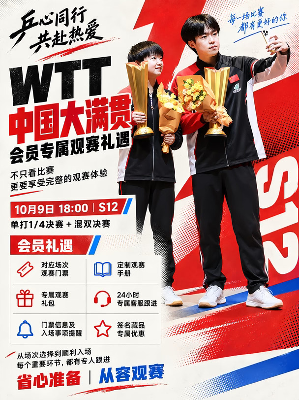 🏓 WTT中国大满贯
你负责期待比赛
其他的，我们提前准备 ✨
	
📅 10月9日 18:00｜S12
📍 北京首钢园八极馆
🏆 单打1/4决赛＋混双决赛
	
一边是不能退让的晋级之争🔥
一边是决定冠军归属的巅峰对决👑
	
一个晚上 解锁两种完全不同的赛场氛围！
无需连续多日往返 也不用反复研究复杂的观赛信息
	
🎖️ 会员专属观赛礼遇
🎫 对应场次观赛门票
📖 专属观赛手册
🎁 定制观赛礼包
💬 专属客服全程服务
📩 门票及入场事项提醒
🏷️ 签名藏品专属优惠
	
⏰ 什么时候入场？
🪪 需要准备什么？
📋 有哪些重点赛程？
💬 遇到问题应该找谁？
	
这些问题，我们提前替你想到。
	
✅ 有人整理重要信息
✅ 有人及时发送提醒
✅ 有人全程解答问题
	
你不需要再做复杂的观赛攻略
只需要带着期待来到现场 🙌
	
看比赛，是热爱 ❤️
享受比赛，是会员体验 ✨
	
少一点繁琐，多一点仪式感
这一晚，只管为热爱欢呼！🏓
	
#WTT中国大满贯 #...