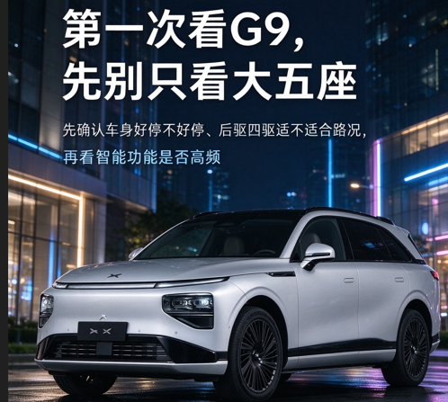 小鹏 G9：第一次买车，别先被 “大五座” 带跑
小鹏 G9 是中大型纯电 SUV，车身尺寸和轴距都不小，空间看起来很有吸引力。但正因为车身大，第一次买车的人更应该先判断它是否适合自己的日常场景，而不是只被 “大五座” 吸引。
第一件要确认的，是车身尺度。G9 车长接近 4.9 米，轴距接近 3 米