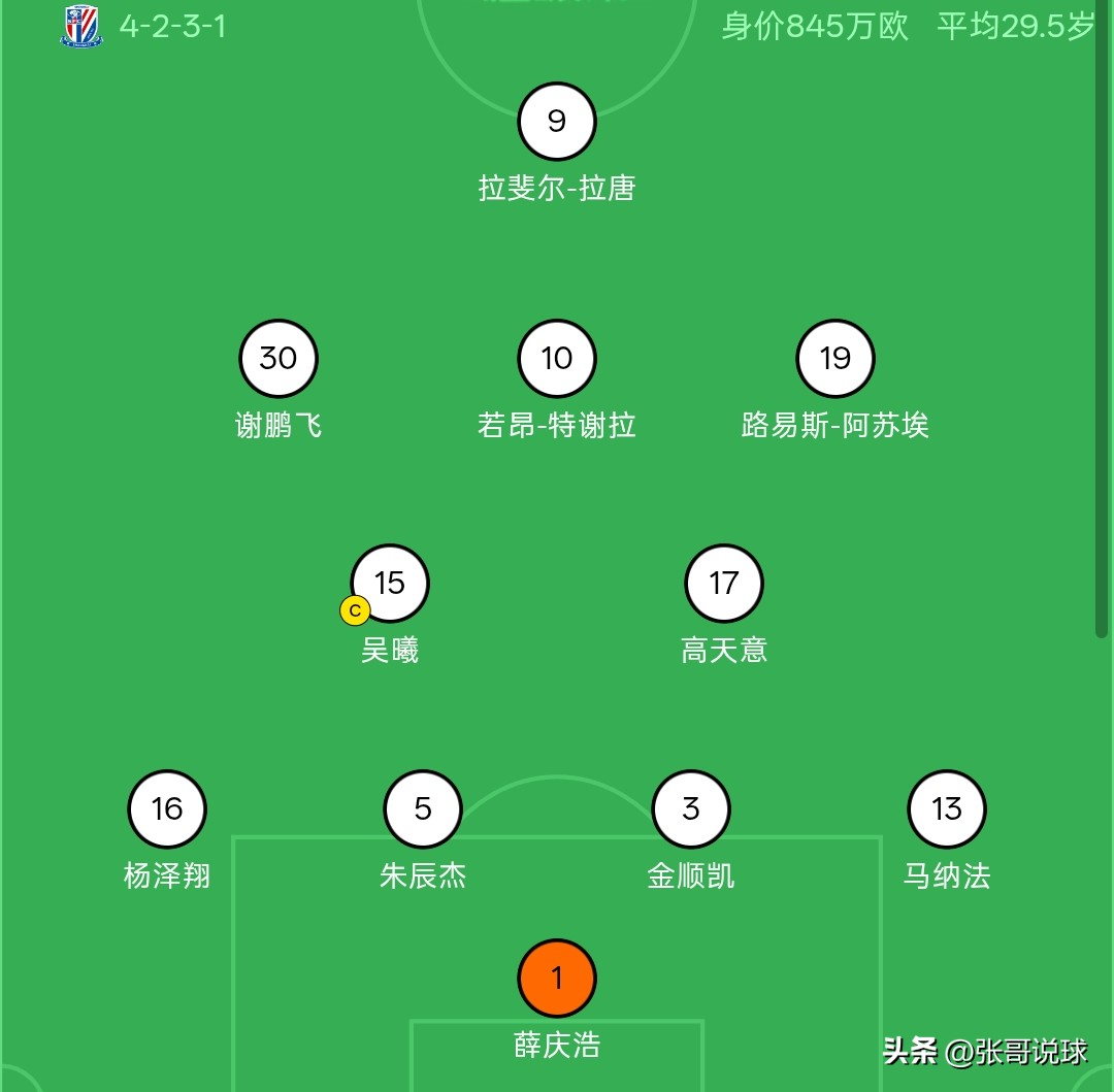 上海申花对武汉三镇首发阵容，申花排出全主力，四大外援首发，周中亚冠申花进行了轮换，用替补出战的亚冠，用主力打联赛，武汉三镇很困难了。

武汉三镇想保级只有取胜，取胜还是会落后三分，也不一定能保级，输球直接就会降级。