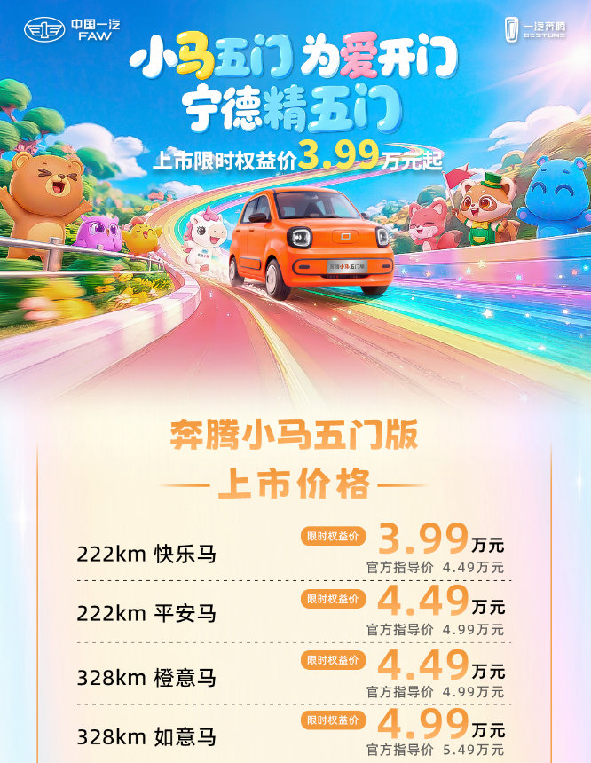 #奔腾小马五门版#正式上市，限时：3.99-4.99万元
（猜中价格的网友，找我拿红包）
微型纯电代步车赛道，它是拿手绝活，大家最关心的续航拉到了222km与328km（CLTC）一周一充是没问题了，小巧好开，又能坐，买菜接娃，它是一匹好马。 ​