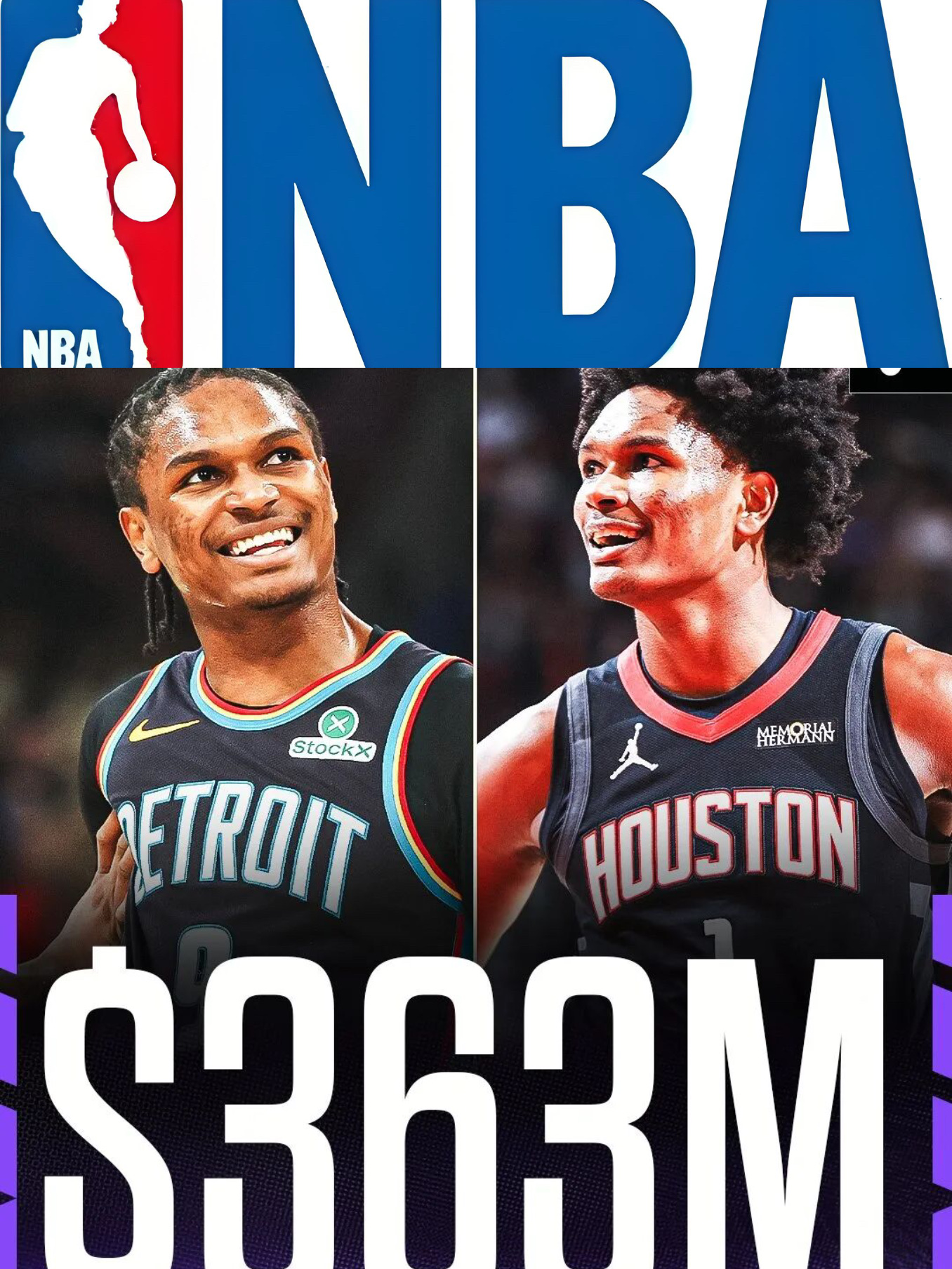 NBA防守球员是真吃香，汤普森双胞胎兄弟同时提前续约大合同，创造NBA史上第一对各自拿到亿元大合同的亲兄弟。

阿门·汤普森｜休斯顿火箭（哥哥，4号秀）
合同：5年 2.08亿美元，全额保障，带10%交易保证金
年均薪资：4160万美元

还是阿门主动适当降薪，原可拿顶薪2.52亿，给球队留出薪资操