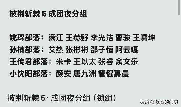 《披荆斩棘 2026》成团夜分组曝光，总决赛沿用五公原班阵容，不再重新打乱组队！
✅孙楠部落（5 人）：孙楠、阿云嘎、张彬彬、艾热、邵子恒
✅小沈阳部落（4 人）：小沈阳、唐九洲、管健嘉晨、颜安
✅王传君部落（5 人）：王传君、余文乐、张睿、王以太、米卡
✅姚琛部落（6 人）：姚琛、满江、李光洁、曹