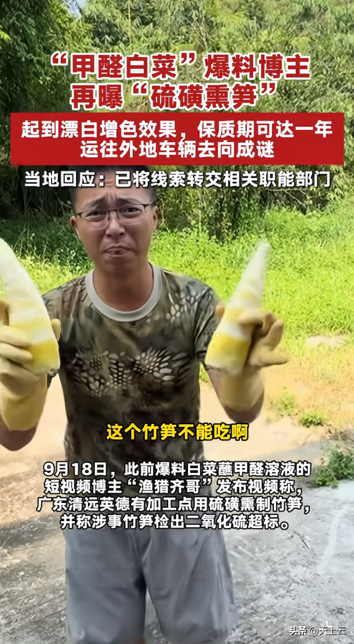 每次出事，最累的永远是买菜的人。

又一个博主曝光，又一个“情况属实”。

广东清远通报了，“个别窝点违法使用硫磺熏蒸麻竹笋”，情况属实。涉事产品已被查封，相关人员被依法采取措施，官方正在追查竹笋流向。

但有句话不吐不快：这事，又是博主曝出来的。

之前曝光“甲醛白菜”的博主“渔猎齐哥”，这次一路