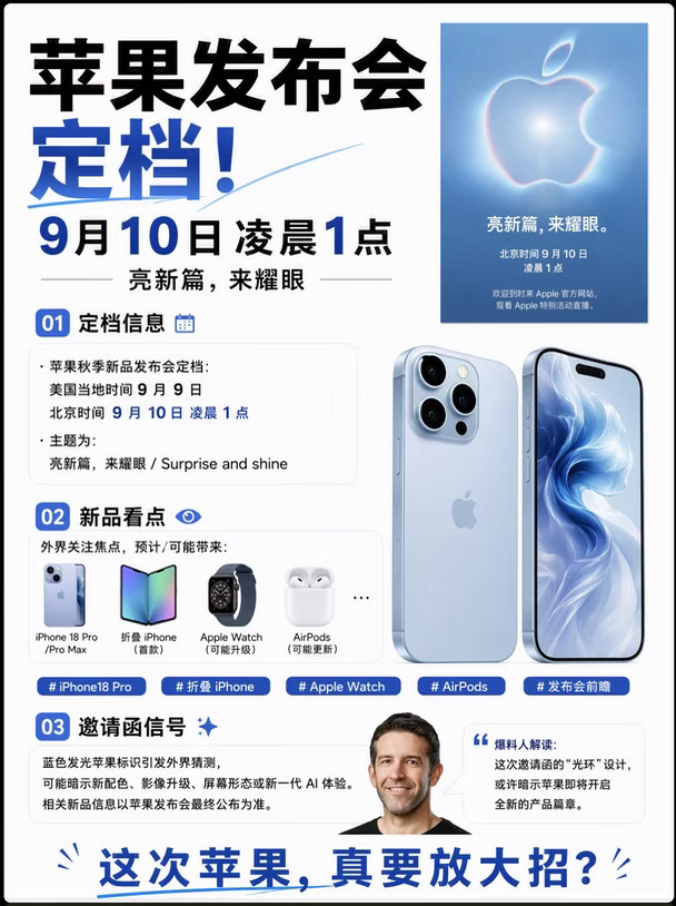 苹果发布会定档！9月10日凌晨1点
