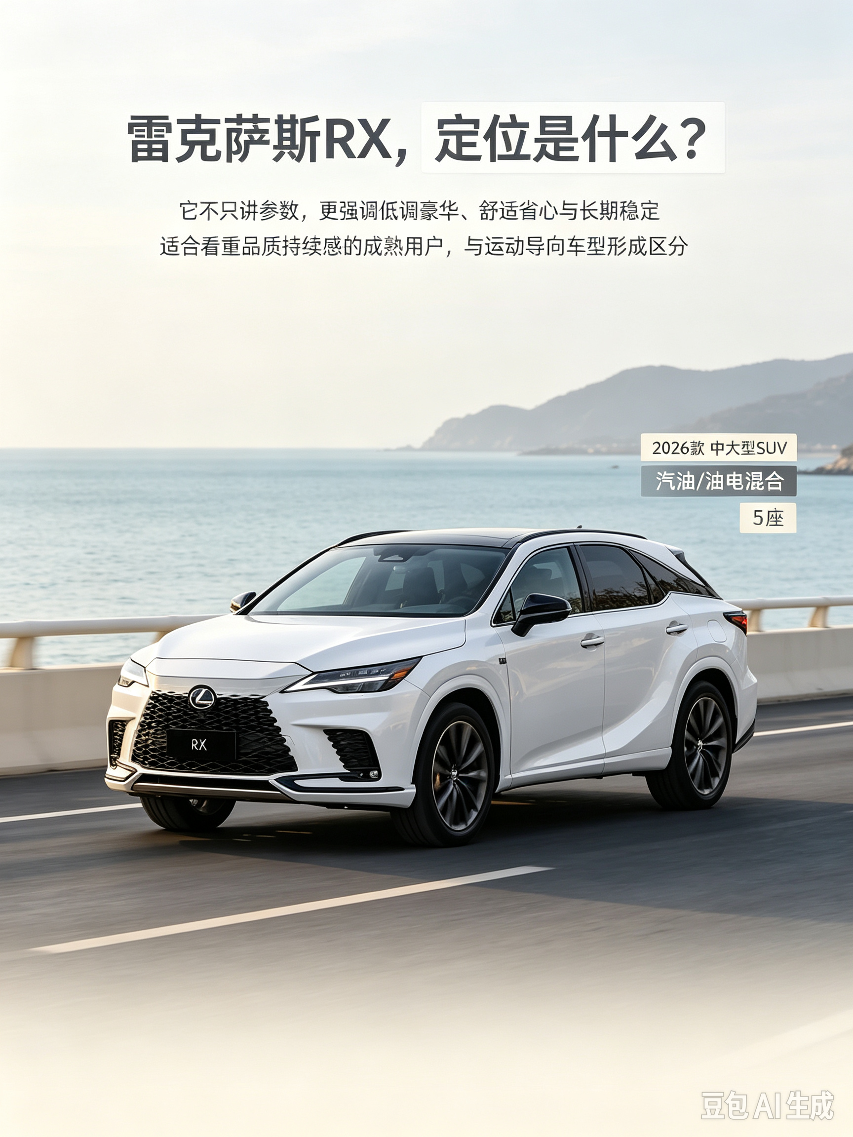 2026款雷克萨斯RX，中大型5座豪华SUV，提供汽油与油电混动多种动力，有前驱、四驱可选。外观辨识度很高，内饰营造出温润的豪华感，底盘调校偏向舒适平顺。不追求激进性能，主打驾乘安逸、后期省心可靠，适合偏爱低调质感、重视长期用车体验的用户。【来自懂车帝车友圈】