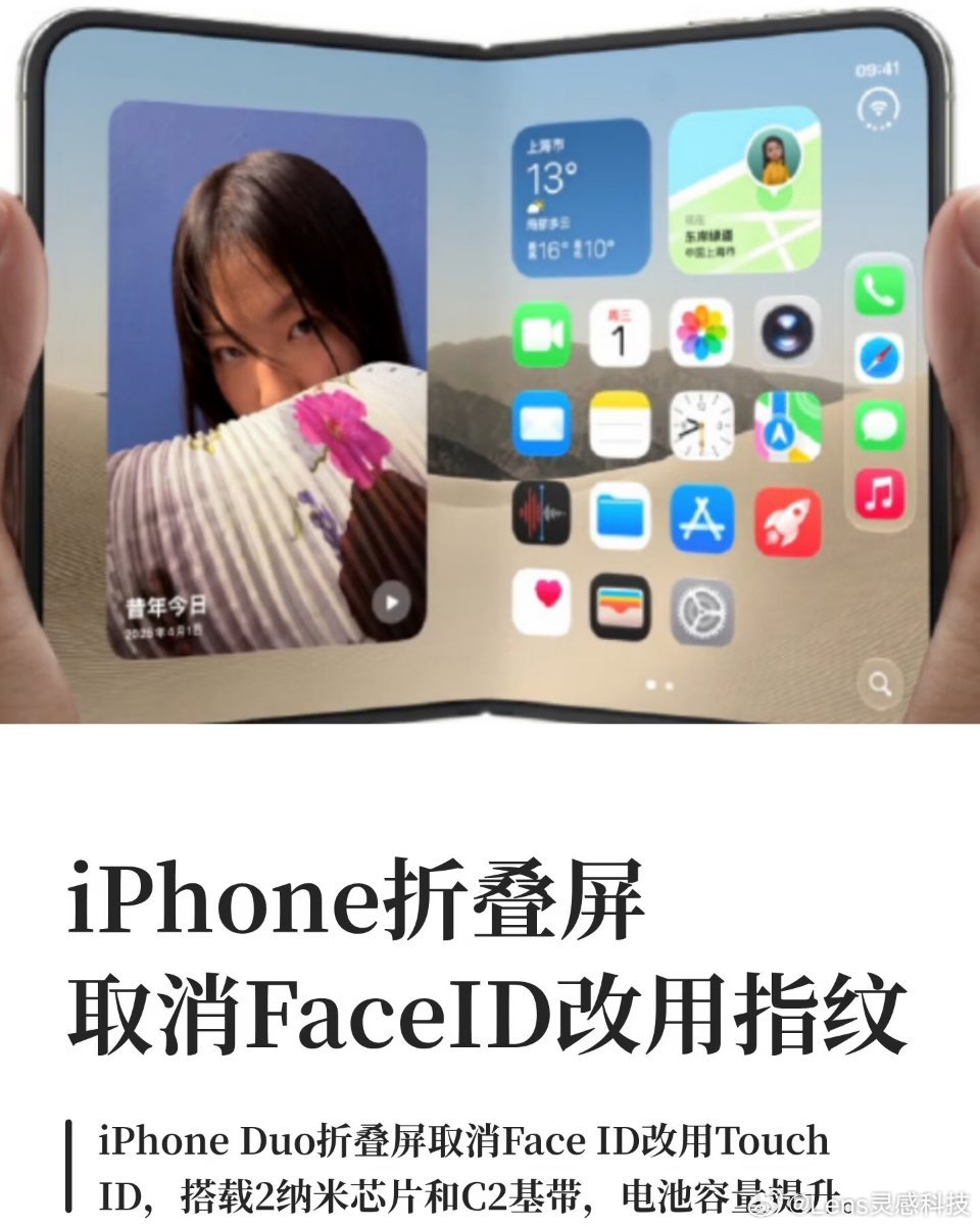 苹果首款折叠屏iPhone Duo传出重磅配置改动，机型将取消Face‑ID面容识别，回归Touch‑ID指纹解锁，这也是iPhone时隔多年再次改用指纹方案。新机搭载2纳米工艺芯片与C2基带，同时电池容量得到提升，续航表现有望改善。折叠大屏带来全新交互体验，指纹解锁也更适配折叠形态，戴口罩、暗光环境下解锁会更加方便。消息曝出后网友观点两极分化，部分用户认为指纹解锁实用性更强，也有粉丝惋惜面容识别被取消。作为苹果第一款折叠手机，硬件改动备受关注，具体参数仍要等官方发布会揭晓，不少消费者已经开始期待这款折叠新机的实际表现。