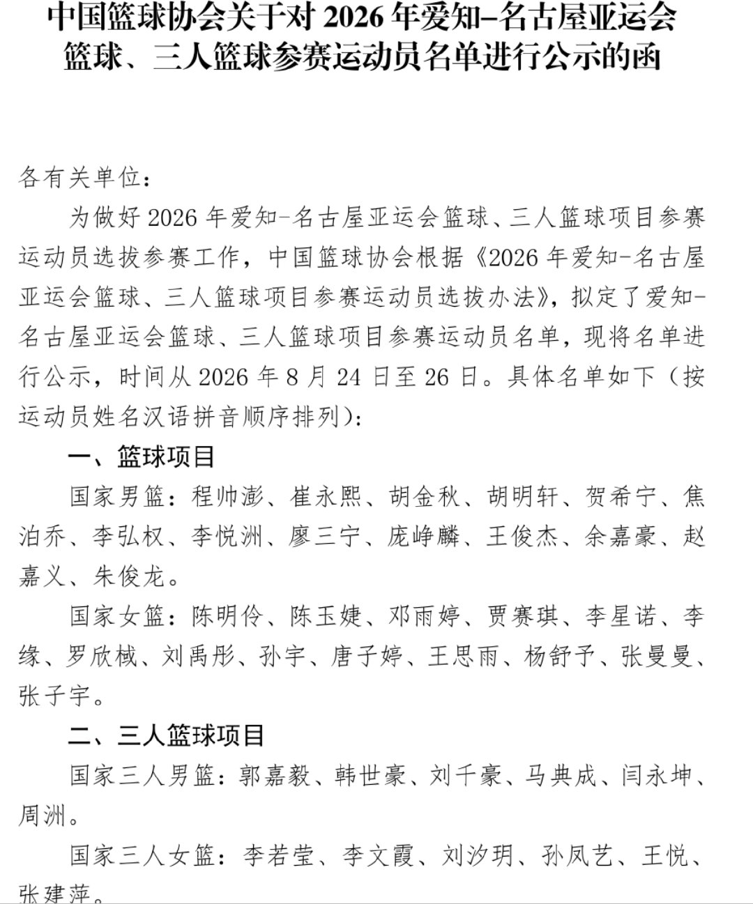 中国篮协公示亚运会篮球项目的参赛名单，男篮报了李悦洲和王俊杰。  ​