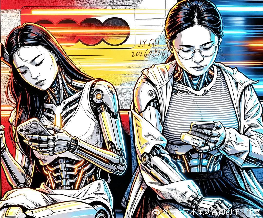 辜居一AI绘画 ｜20260826低头族
 
Gu Juyi AI Painting|
A group of people looking down at their phones on August 26, 2026.
 
#人工智能#绘画#低头族#机器人 ​
