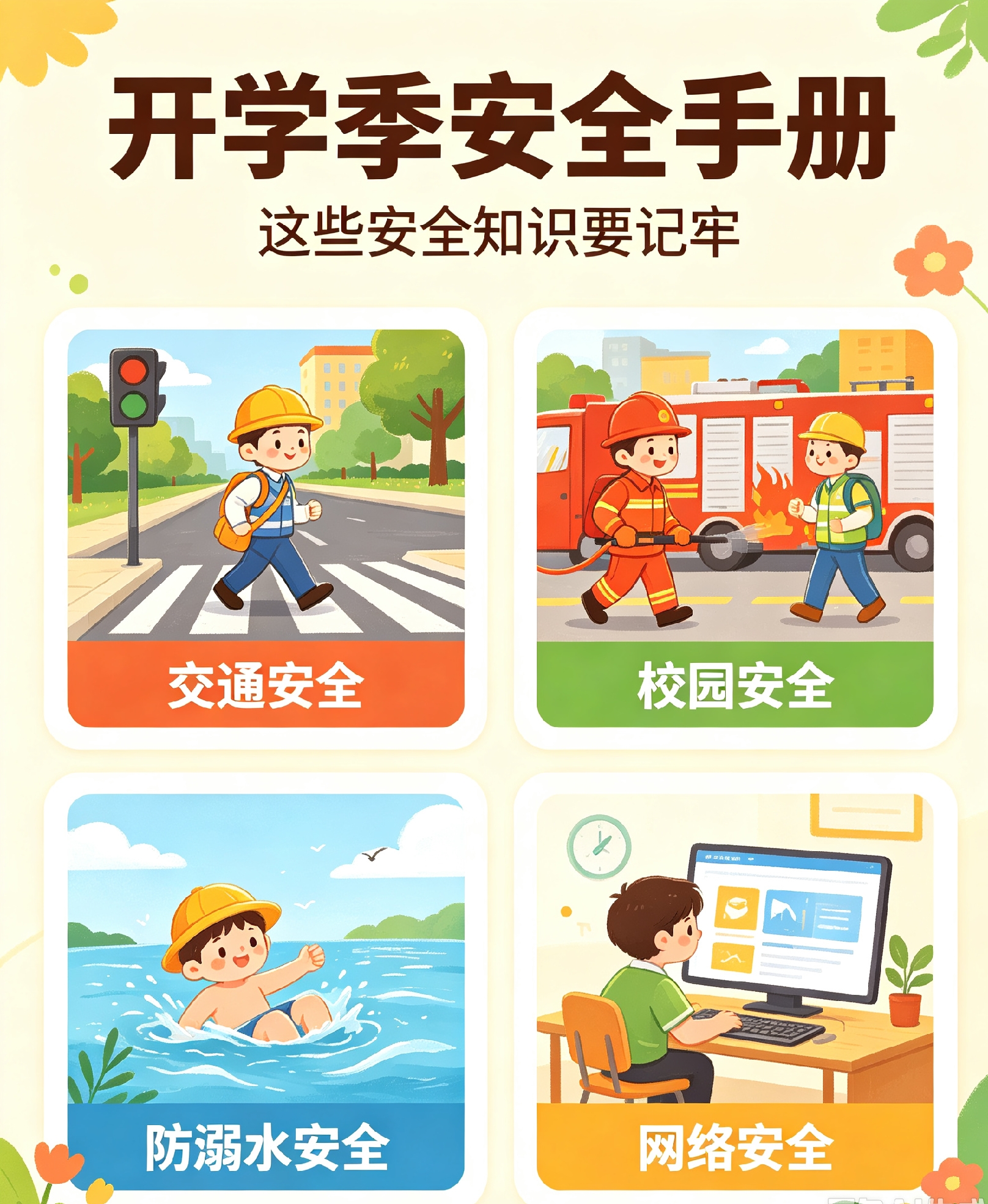 开学季已到来！
         这份校园安全手册
                  请全体师生家长查收
 
2026年秋季新学期全面开启，万千学子重返校园。学生的安全，是校园一切教学活动的前提。近期，多地教育、应急、交管等多部门联合发布安全提示，围绕出行、校园活动、居家生活、网络防护等多个维度，
