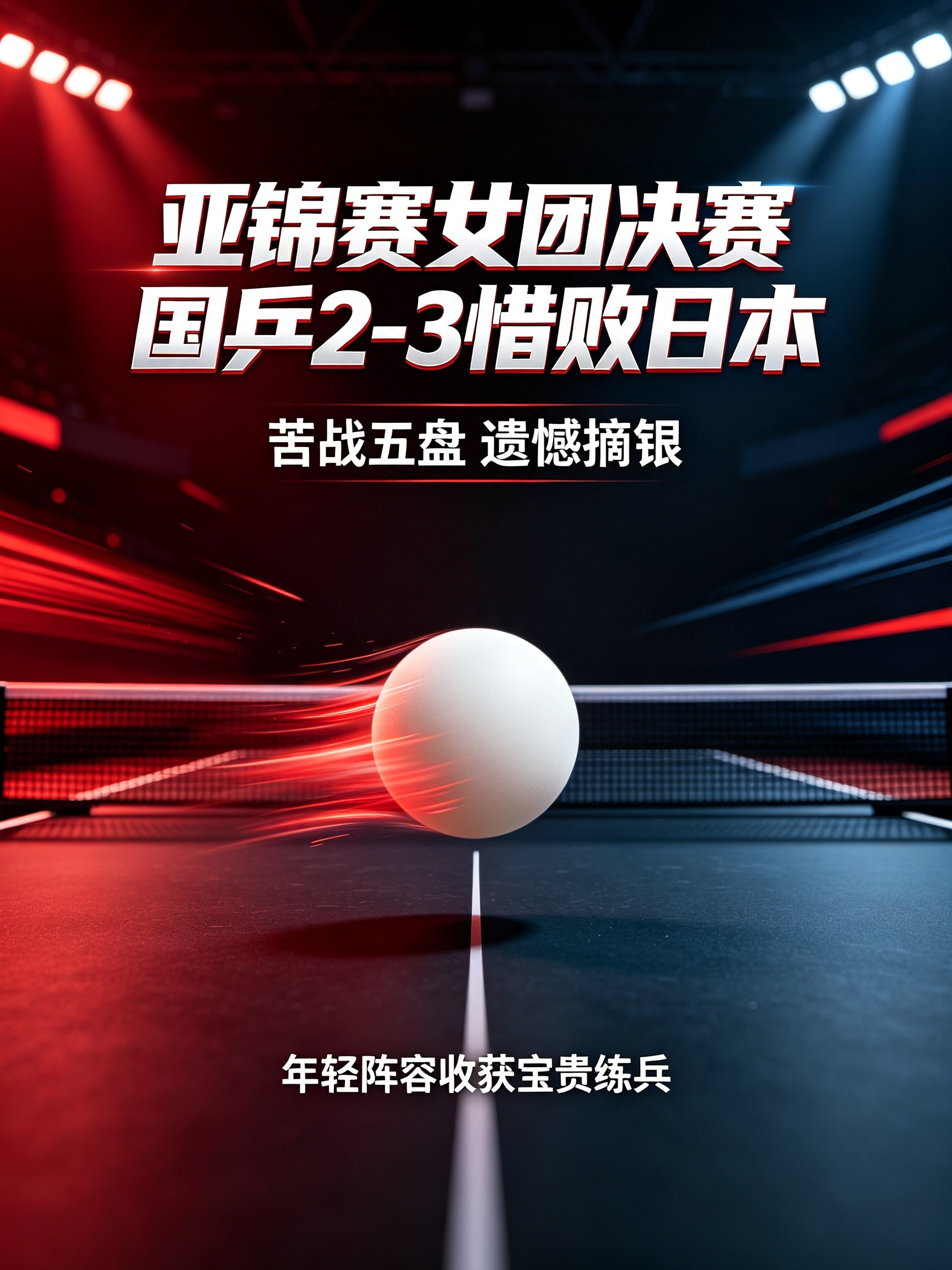 五盘鏖战惜败！国乒女团亚锦赛决赛2-3输给日本，亚军收官
 
塔什干亚锦赛女团决赛，国乒女团与日本队打满五盘，最终2比3遗憾丢冠！
 
没有孙颖莎、王曼昱，这支年轻阵容扛住巨大压力：蒯曼3-0拿下早田希娜，王艺迪苦战逆转张本美和，可惜决胜盘王艺迪面对削球手桥本帆乃香没能顶住，陈熠两盘出战均告负，最终