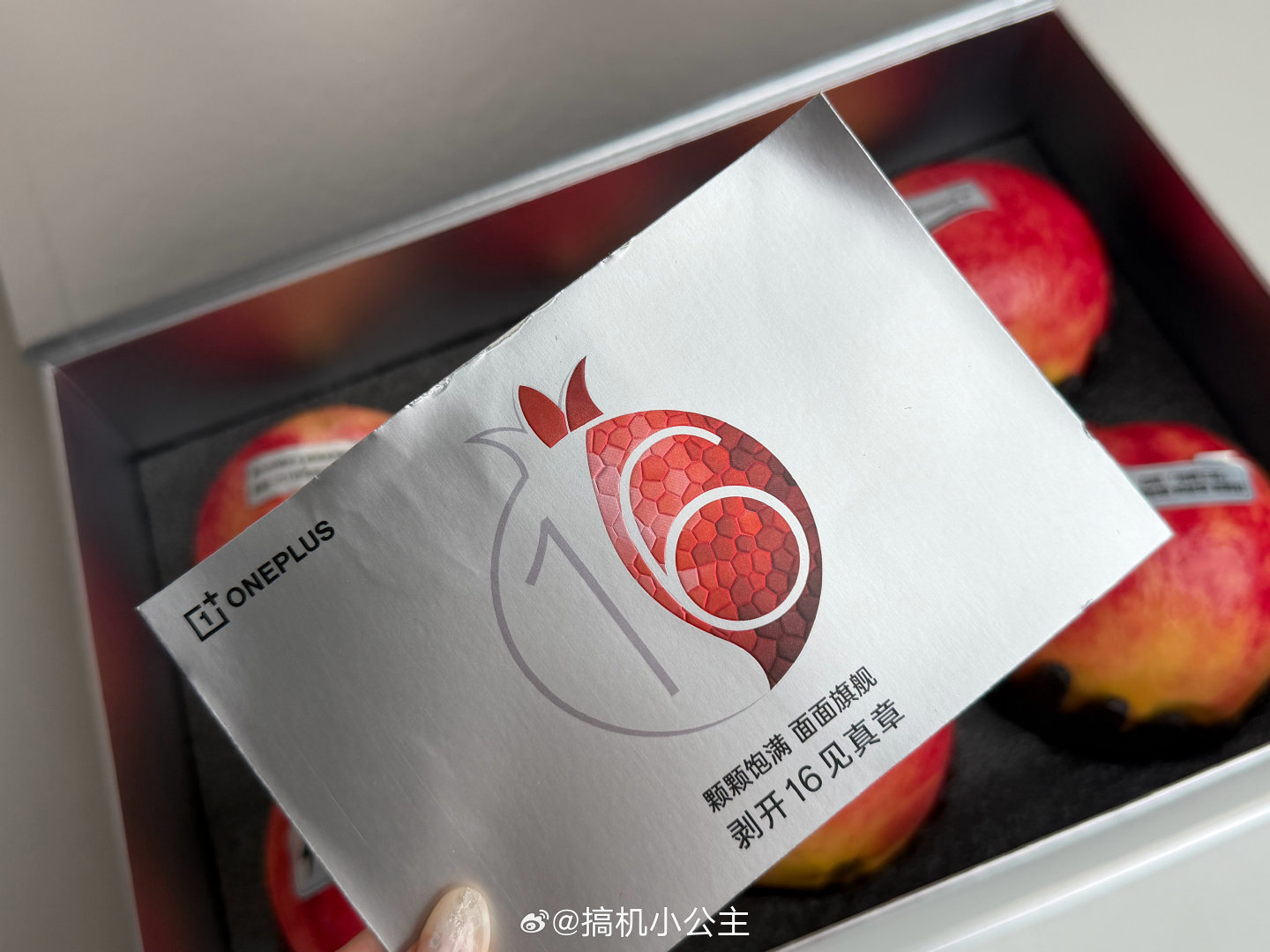 收到了一加16的发布会邀请函，竟然是一箱石榴！16和石榴的谐音梗也是玩上了hh[求饶]而且如此饱满也是暗示一加16也会十分全面、强劲叭[手指比心]10月12日见！#一加二亿三芯吸引力大增# ​