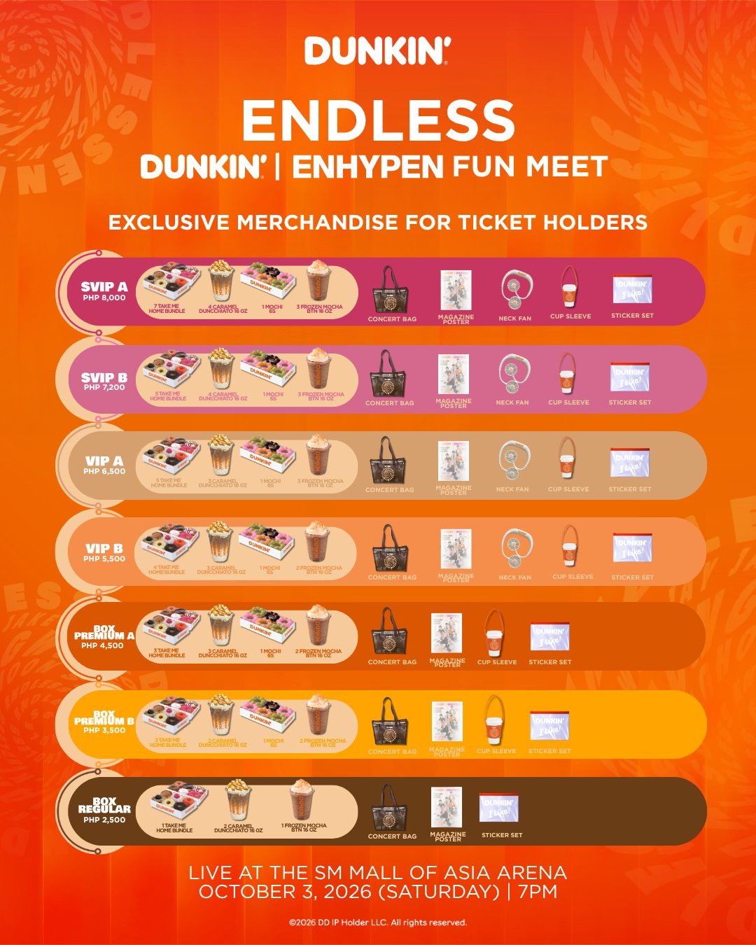 #朴成训[超话]# 
DUNKIN' | ENHYPEN FUN MEET举办公告
🎫时间：9月19日-12：00
🎫地址：SMTICKETS（线上）/菲律宾SM线下网点
正式活动时间：10月3日19：00
活动场所：菲律宾马尼拉SM Mall of Asia Arena
票档及对应套餐：2500-8000₱
注：菲律宾时间与北京时间一致，此次活动含直播
#朴成训# ​