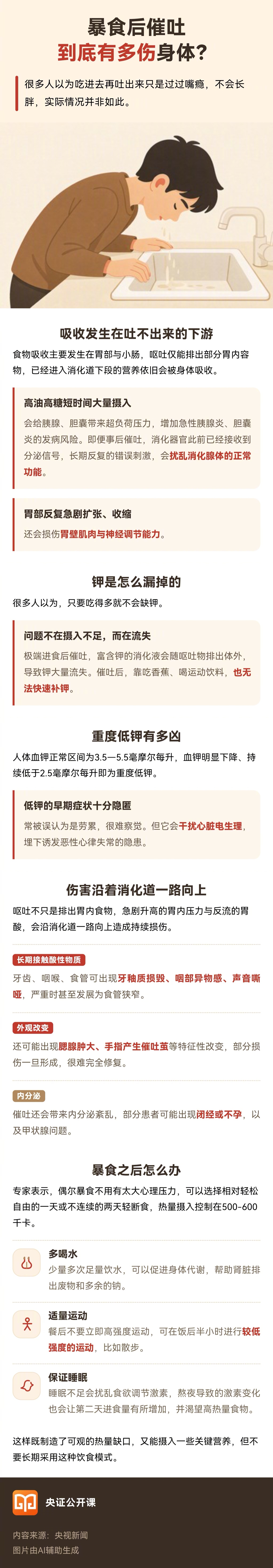 【#暴食后催吐有多伤身体#？】#吃播网红干饭莹去世#催吐的伤害覆盖全身，呕吐不只是排出胃内食物，急剧升高的胃内压力与反流的胃酸，会沿消化道一路向上造成持续损伤。牙齿、咽喉、食管长期接触酸性物质，可出现牙釉质损毁、咽部异物感、声音嘶哑，严重时甚至发展为食管狭窄。外观上，还可能出现腮腺肿 ​