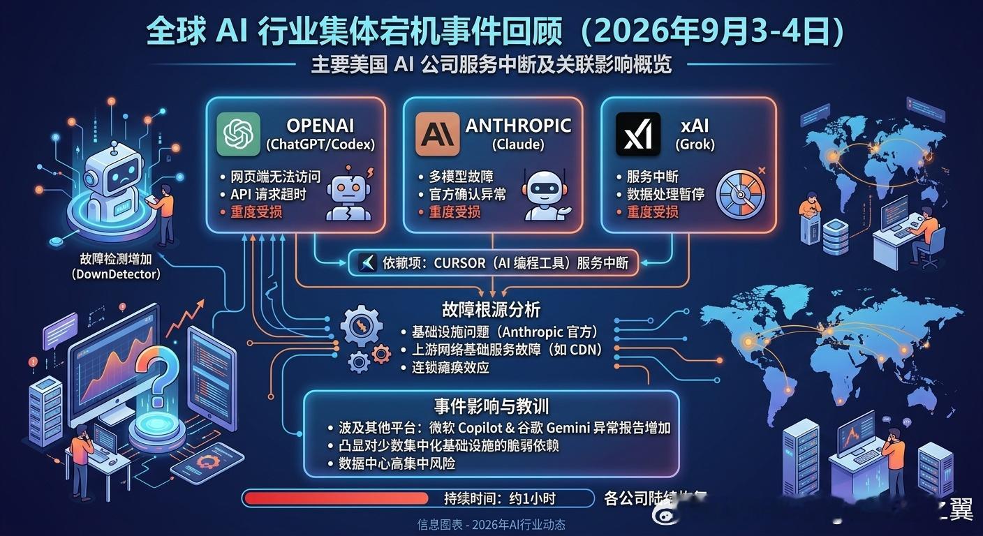 #美国AI公司 宕机# 北京时间9月3日深夜至9月4日早间，美国多个头部AI平台发生了历史级的集体宕机事件。这也是AI大模型普及以来，首次出现多家独立AI巨头同时大规模中断服务的现象。

OpenAI（ChatGPT、Codex）、Anthropic（Claude 多个模型）及 xAI（Grok）均官方确认服务异常。网页端无法访问、API 产 ​