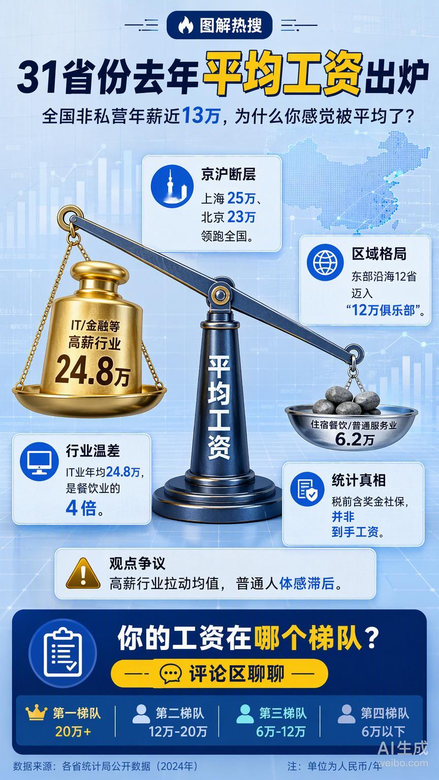 看到31省份平均工资出炉，第一反应不是羡慕，而是那种熟悉的、被平均后的无力感。

全国非私营单位年薪近13万，京沪更是突破了20万大关。这数据看着挺提气，但咱们得学会自己算笔账：这“13万”里，把IT、金融这些高薪行业的头部玩家一加权，普通人的体感瞬间就缩水了。就像之前聊人造黄金时说的，实验 ​