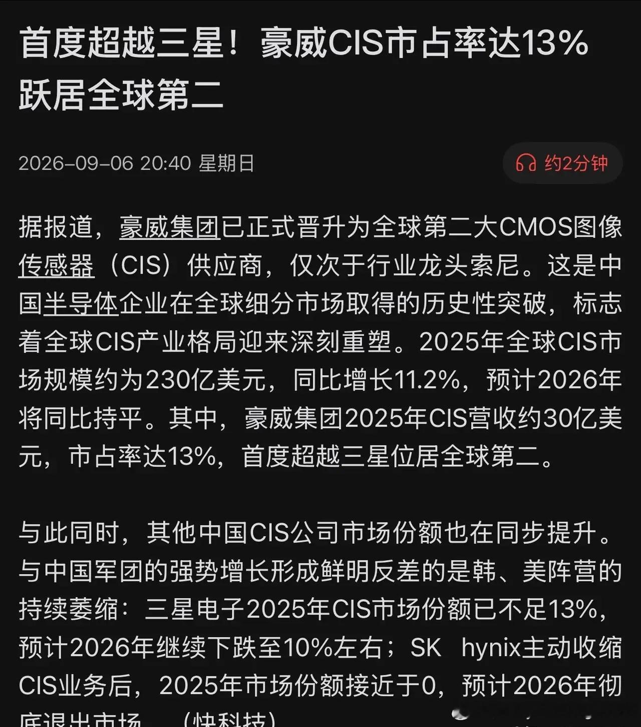 超越三星，豪威逆袭登顶全球第二！打破日韩垄断，国产CIS军团集体崛起！
9月6日，据TSR最新数据，2025年全球CIS市场规模约230亿美元，豪威集团CIS营收约30亿美元，市占率13%，首度超越三星，晋升全球第二，仅次于索尼（53.6%）。日经《Industry Map 2027》同样佐证：豪威13.4%，三星13.2%，韩国巨头退 ​