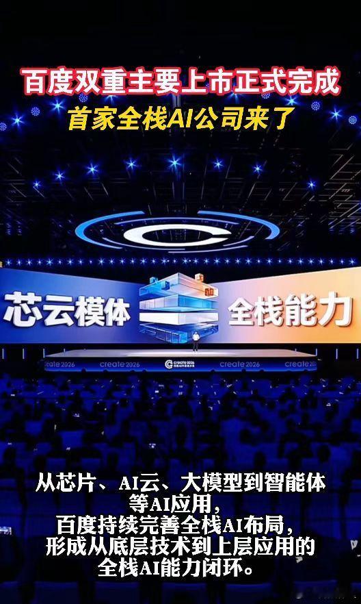 #百度正式完成双重主要上市##首家全栈AI公司来了#百度正式完成港美双重主要上市转换，成为名副其实的全栈AI公司。从芯片、大模型再到各类AI应用完成完整布局，也为后续纳入港股通打开通道，开启全新发展阶段￼￼￼。 ​