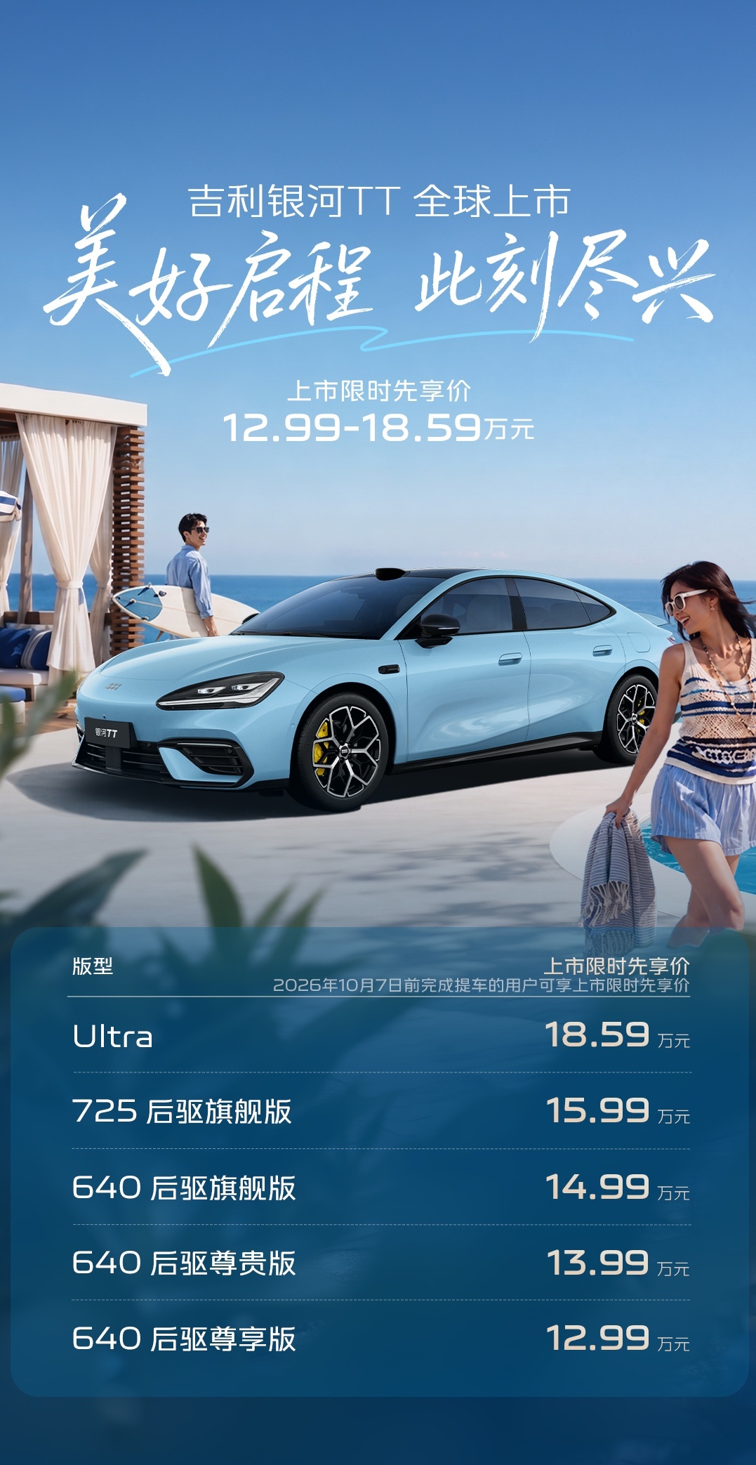 #吉利银河TT上市价12.99万起#
刚看了银河TT上市发布会，从设计角度聊点干货，这款C级纯电运动轿车的颜值和硬件配置，确实拿捏得很到位。
 
全车8款专属车漆配色各有风格，辨识度不错，个人最喜欢晴午蓝配色，不浮夸、质感高级，兼具年轻个性与日常耐看性。
 
尺寸层面能明显看出整车的姿态优化，车身近 ​