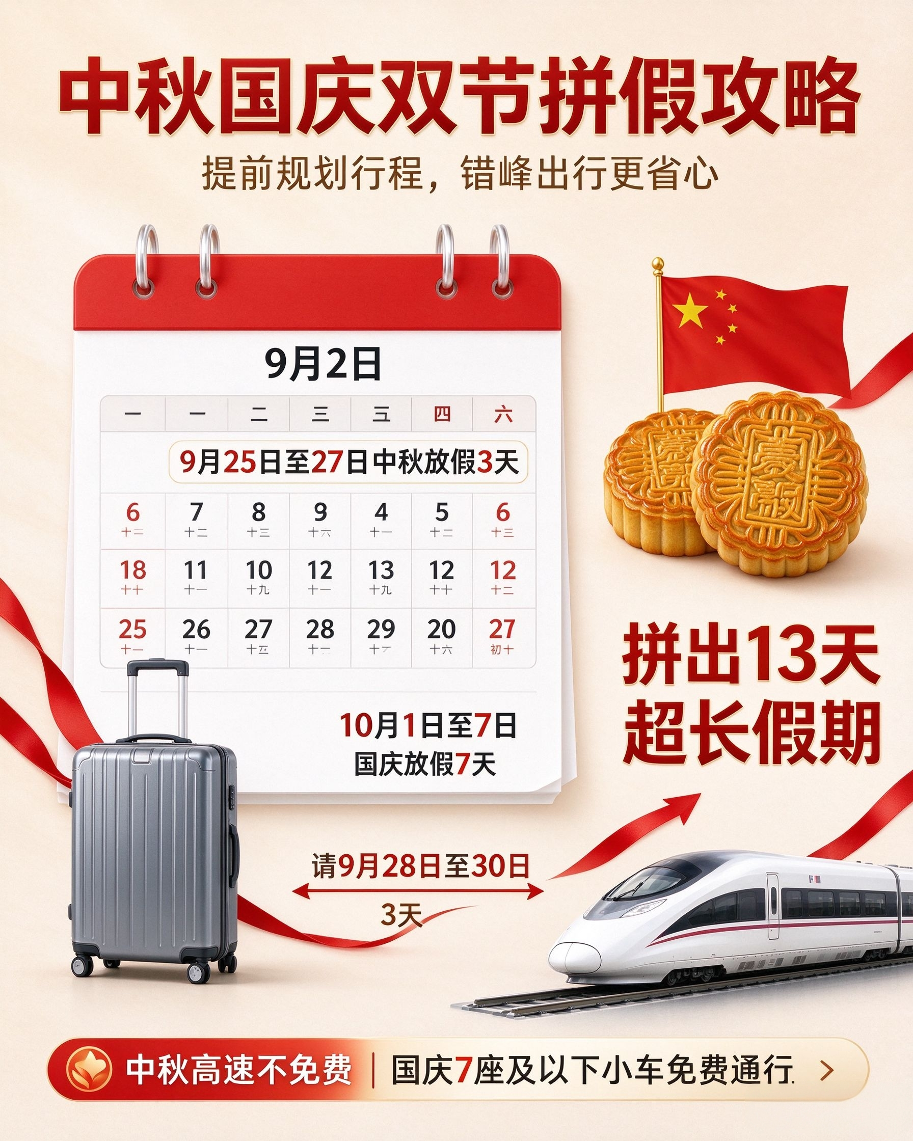 中秋国庆双节临近，拼假攻略提前看
      节假时间安排 随着9月到来，大家最期待的中秋、国庆“双节”假期也近在眼前。根据官方放假安排，今年中秋节（9月25日至27日）放假3天，国庆节（10月1日至7日）放假7天。
  由于两个假期之间仅相隔3个工作日，不少打工人已经盯上了“请3休13”的超级