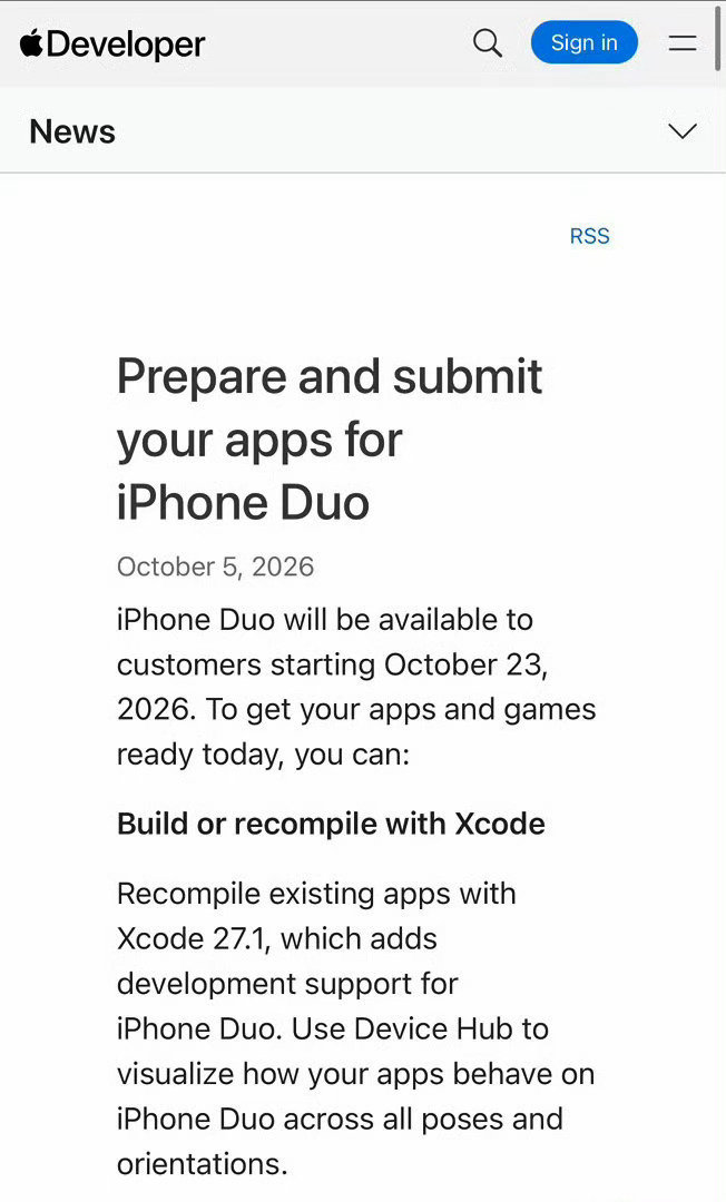 #苹果开放iPhoneDuo适配应用提交# 苹果要求自2027年4月起，所有新提交审核的App必须适配iPhone Duo，否则该App不允许更新发布。

严格来说这有点霸王条款，但毕竟这就是苹果生态天然的优势，可以想见iPhone Duo可能会成为适配生态最强的折叠屏手机。 ​