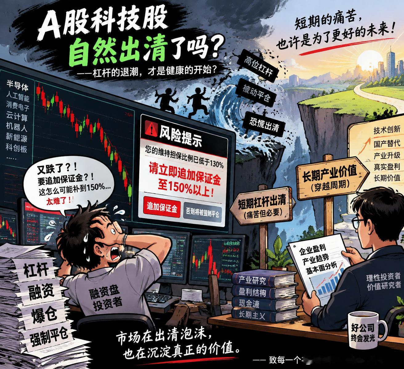 科技股自然出清了吗？
从融资盘压力、被动平仓与产业基本面，看这一轮AI科技调整的真正底部信号

今天上午科技板块出现快速杀跌，尤其是前期上涨幅度较大的AI算力、半导体、光通信方向，再次出现明显调整。
市场最关注的问题只有一个：
这一轮下跌，是产业逻辑发生变化，还是高杠杆资金正在被迫离场？
 ​