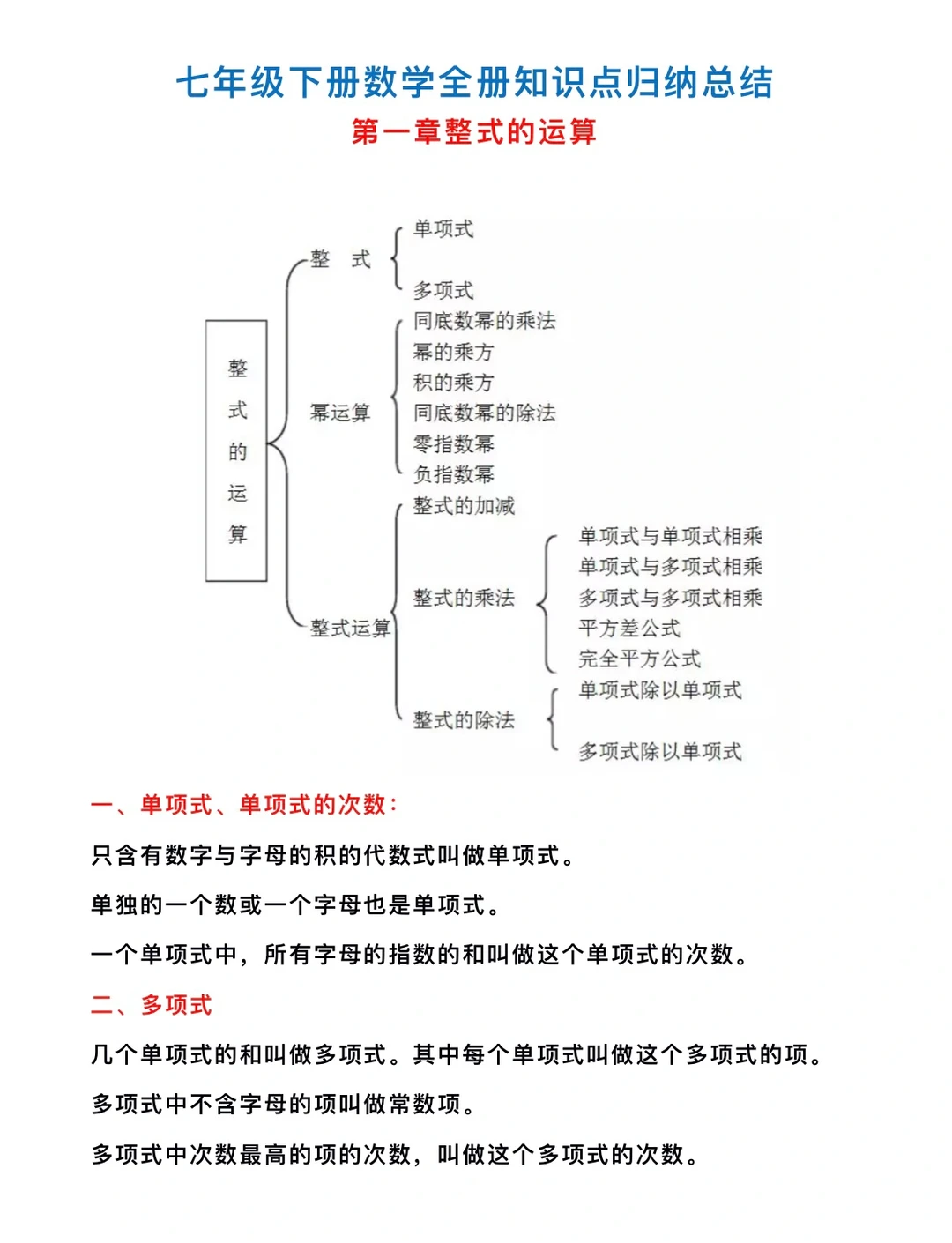 七下册数学，第一章至第四章知识点归纳总结